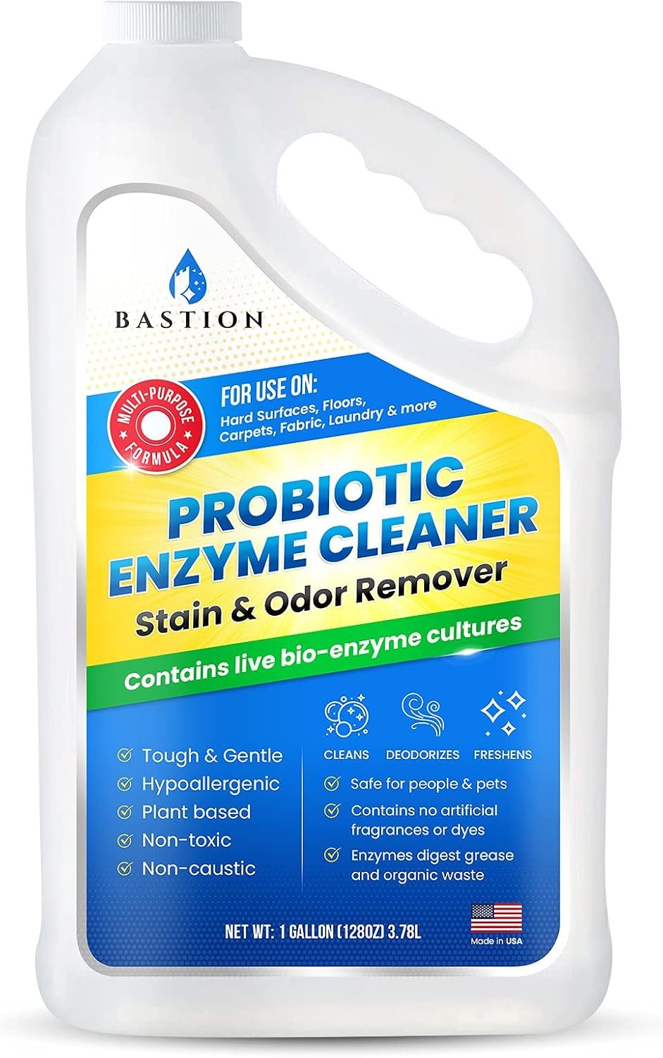 Bastion Probiotic Enzyme Cleaner – Professional Strength Solution -One Gallon- Natural Bio-Enzymatic Stain & Odor Remover – No Rinse Formula – Dye Free (Packaging May Vary)