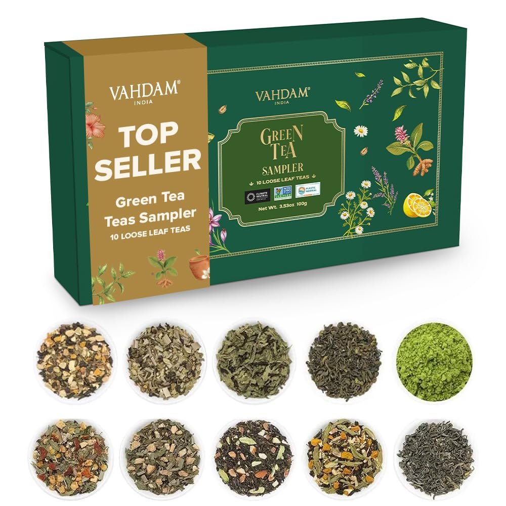 VAHDAM Assorted Green Tea Loose Leaf Tea Gift Set (10 Flavors) | Loose Leaf Green Tea Collection | Includes Himalayan Green Tea Varieties | Packed in Resealable Ziplock Pouches