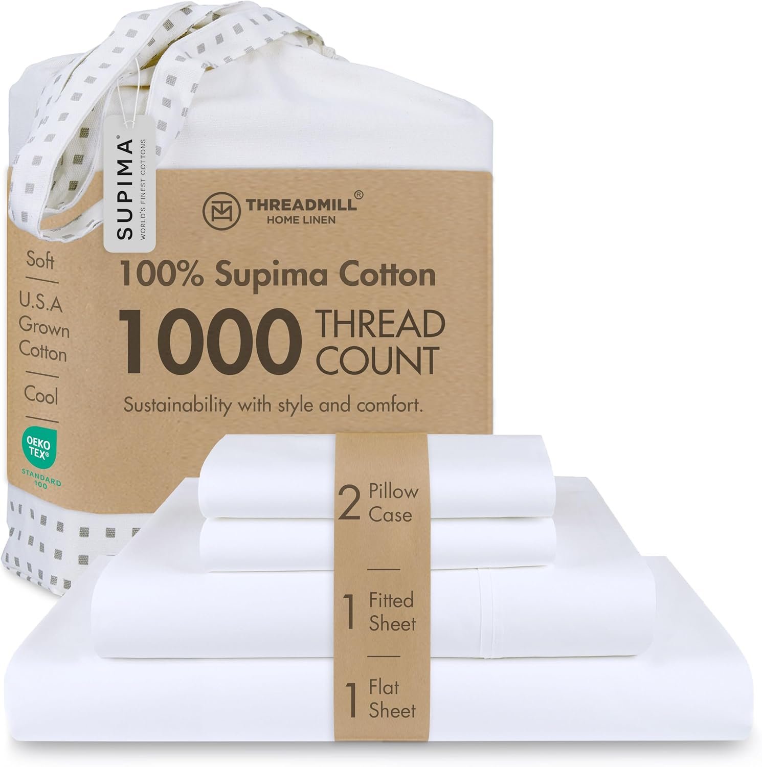 Threadmill 1000 Thread Count Supima Cotton Queen Sheet Set, Sateen, White