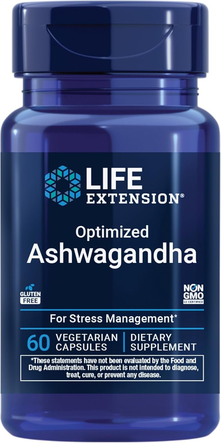 Life Extension Optimized Ashwagandha – Stress Management Supplement for a Healthy Stress Response, Focus, Memory, Stress Relief – Vegetarian, Gluten-Free, Non-GMO, 60 Capsules