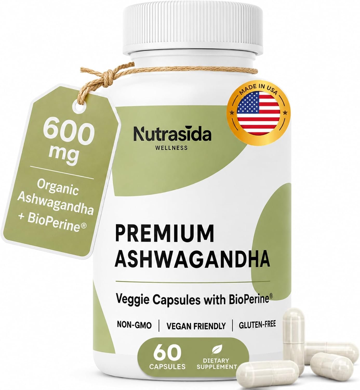 Ashwagandha 600mg with BioPerine® – Organic Ashwagandha Root Extract, Vegan Capsules, Non-GMO, Gluten-Free – 60 Capsules