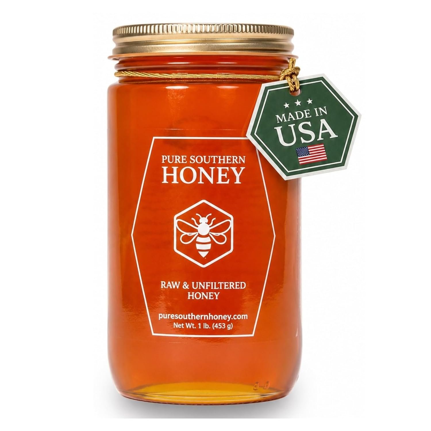 100% Authentic, USA – Made Raw Unfiltered Honey, Made by Pure Southern Honey [ 1 lb] – Unheated – Non – GMO, No Additives, All – Natural Sweetener- Environmental-Friendly Glass Jar