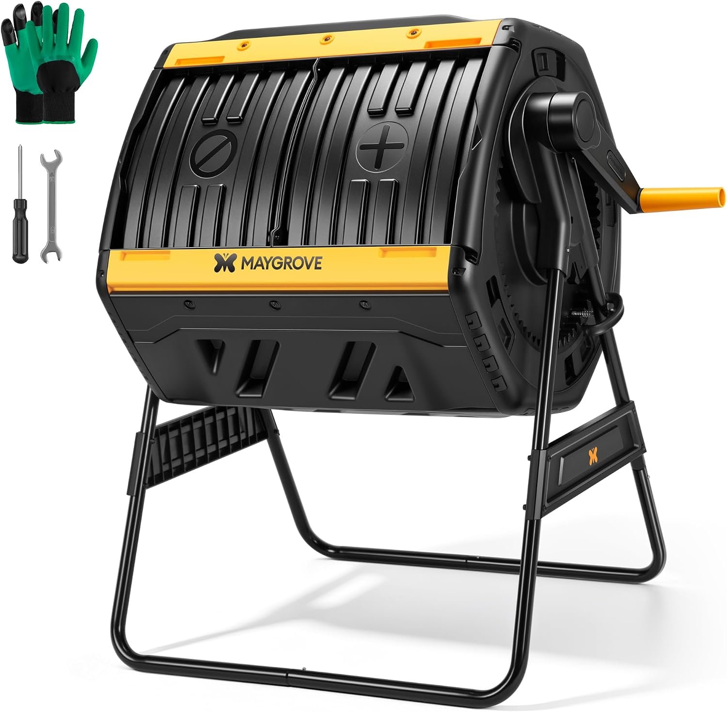 Maygrove Outdoor Compost Bin 53 Gallon, Dual Chamber Large Compost Tumbler for Garden Backyard, with 360° Rotating, Sliding Doors & Solid Steel Frame, Updated Instructions