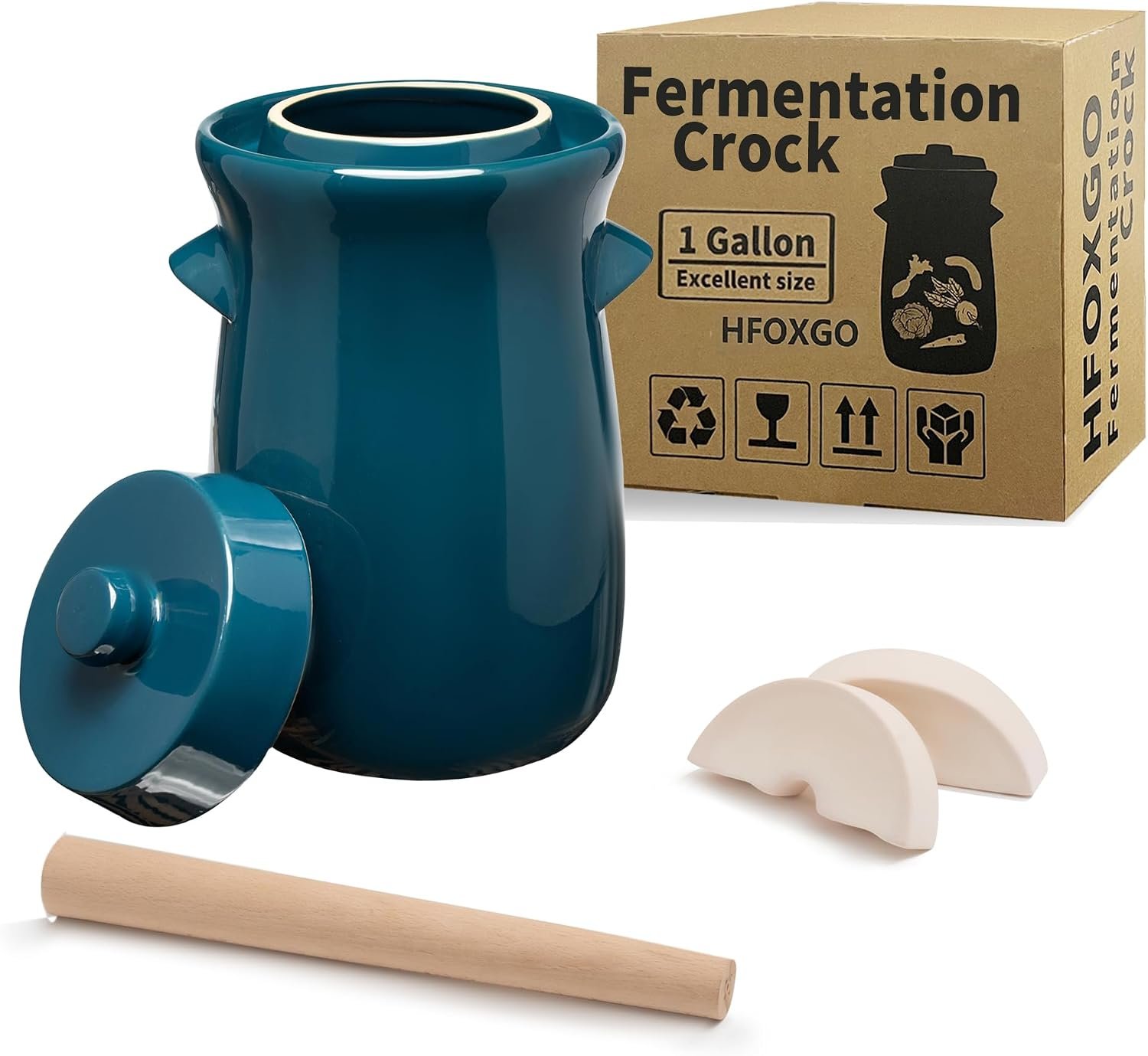 Fermentation Crock 3.8Liter/1 Gallon Stoneware Pot for Fermenting, Pickling Kimchi, Pickles, Vegetables, Kombucha – Glazed Fermenter with Stone Weights, Lid & Pickle Tamper-Blue Crock