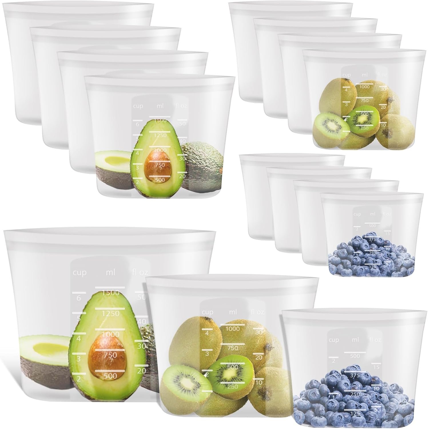 100% Platinum Silicone Reusable Storage Bags, 12 Pack, Premium Silicone Food Storage Bag Stand-Up Wide-Mouth Zip-Lock, Microwave Dishwasher Safe, 4 M + 4 S + 4 XS, Crystal-Clear