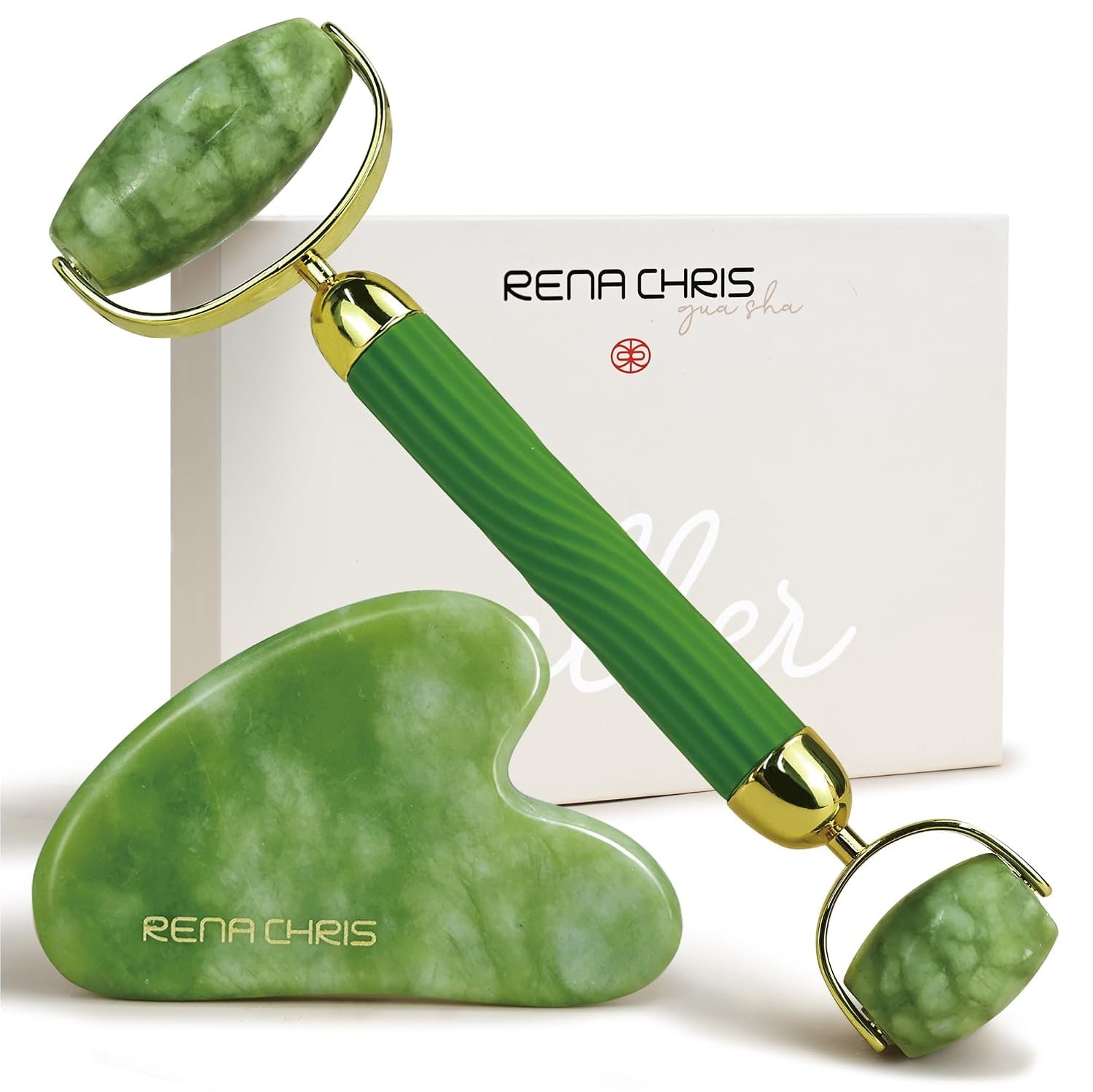 Rena Chris Gua Sha and Face Roller Set: Anti-Breakage Jade Roller for Long-Lasting Use, Jawline Sculpting and Puffiness Reducing, Gua Sha Facial Tools for Self Care Gift (Green)