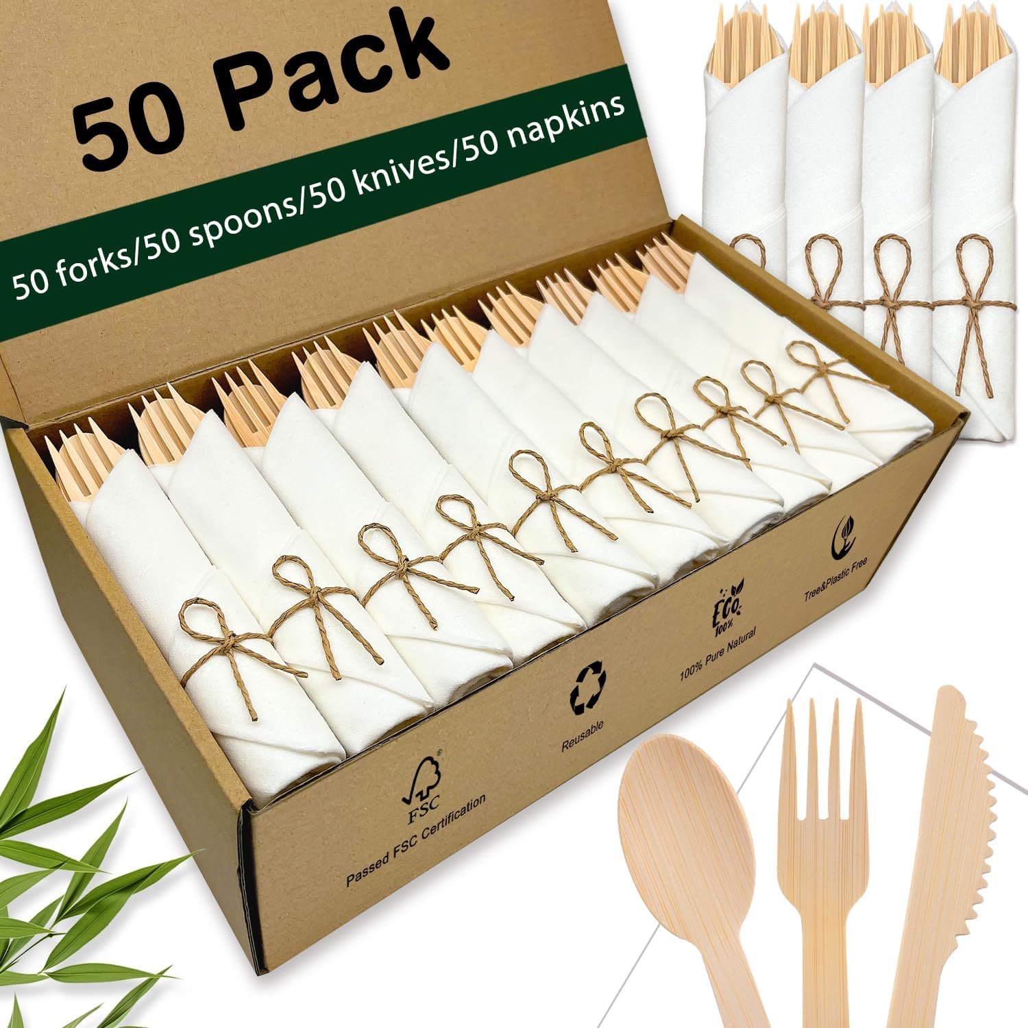 Pre Rolled Bamboo Silverware Set with Napkins – 50 Pack Bamboo Utensils