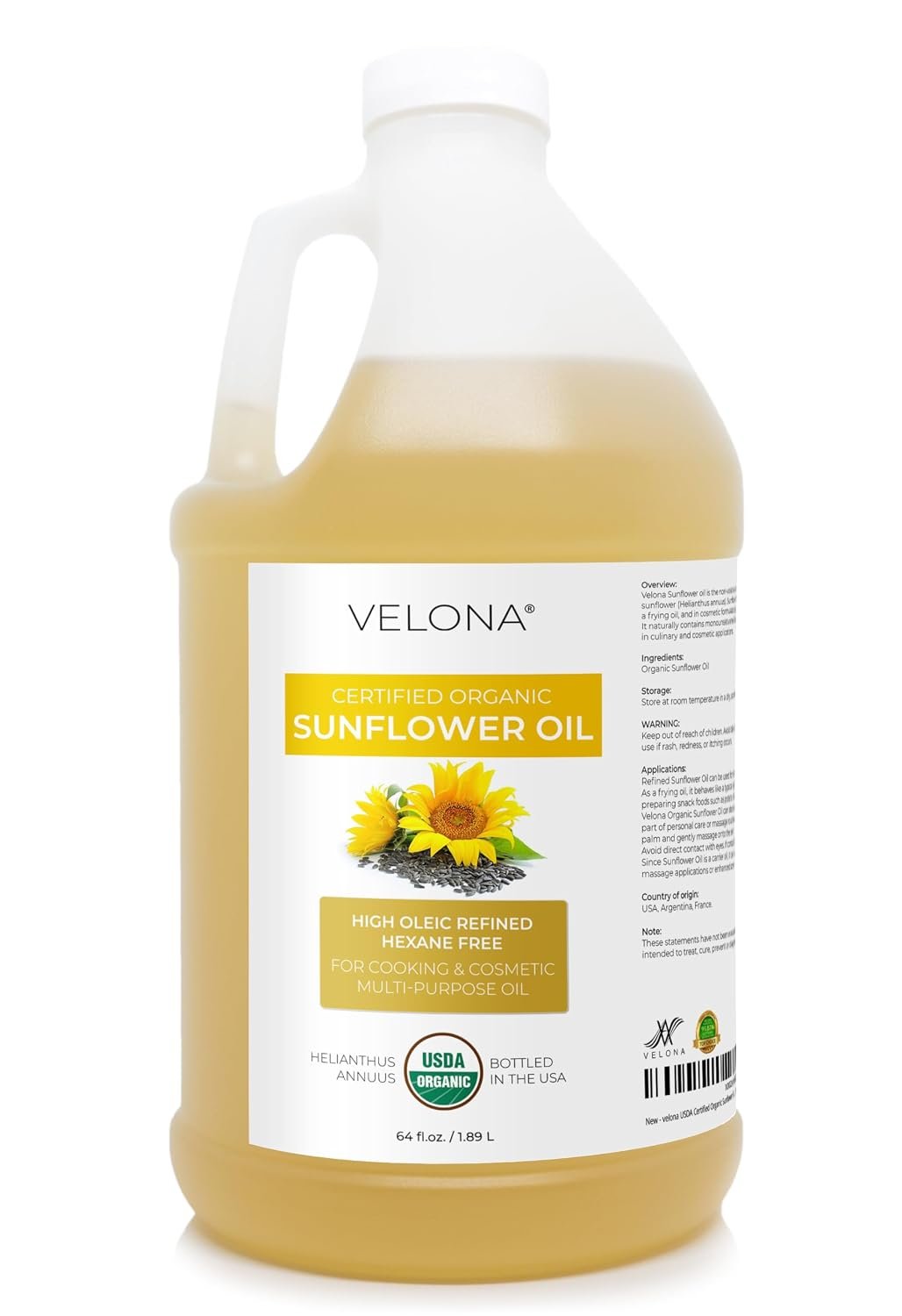 velona USDA Organic Sunflower Oil – 64 fl oz, Refined, High Oleic