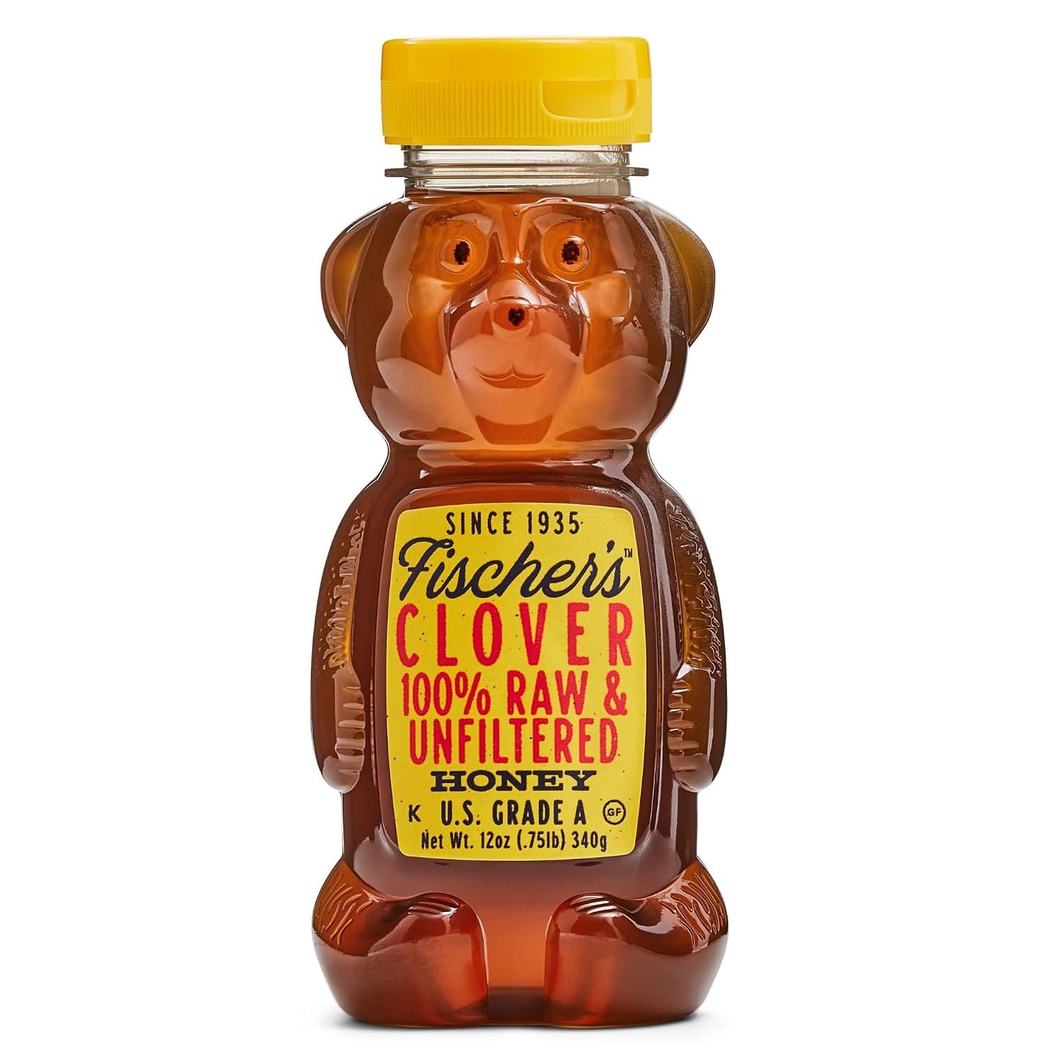 Fischer’s Clover Honey, 12 Oz – 100% Pure, Raw & Unfiltered Honey – Squeezable Bear Bottle – Gluten-Free, Non-GMO – All-Natural Sweetener