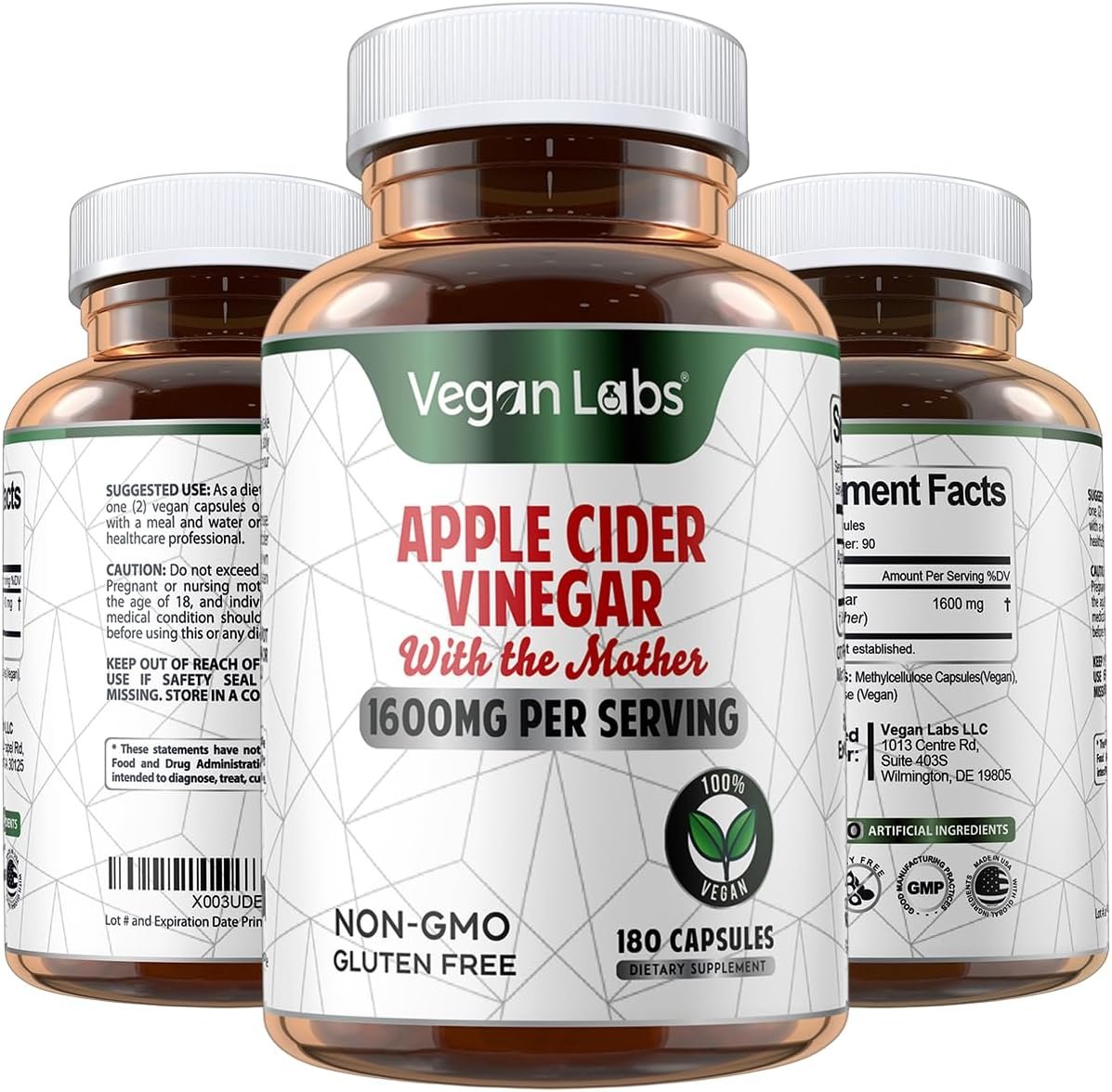 Vegan Labs Apple Cider Vinegar Capsules with The Mother- 180 Vegan Capsules, 1600MG Per Serving- 100% Natural ACV Pills- Supports Healthy Digestion, Detox, and Immune System