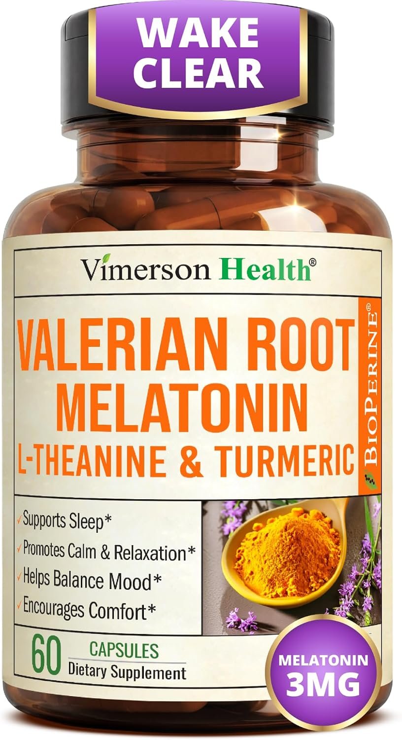 Melatonin 3mg + Valerian Root for Sleep, Daily Calm & Stress Relief Support – Natural Sleep Aid: Organic Turmeric Melatonin Valerian Supplement with L-Theanine, Ginger & Black Pepper – 60 Capsules
