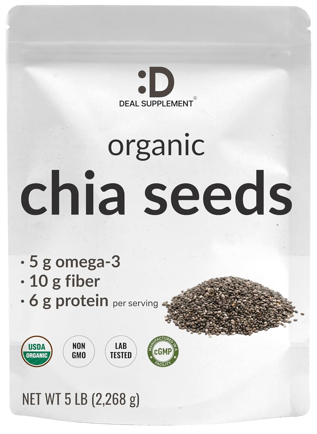 DEAL SUPPLEMENT Organic Chia Seeds, 5 lb | Raw Chia Seed Source with Omega-3, Fiber, & Protein | Great for Smoothies, Oats, & Recipes | Bulk Supply | Non-GMO, Gluten Free