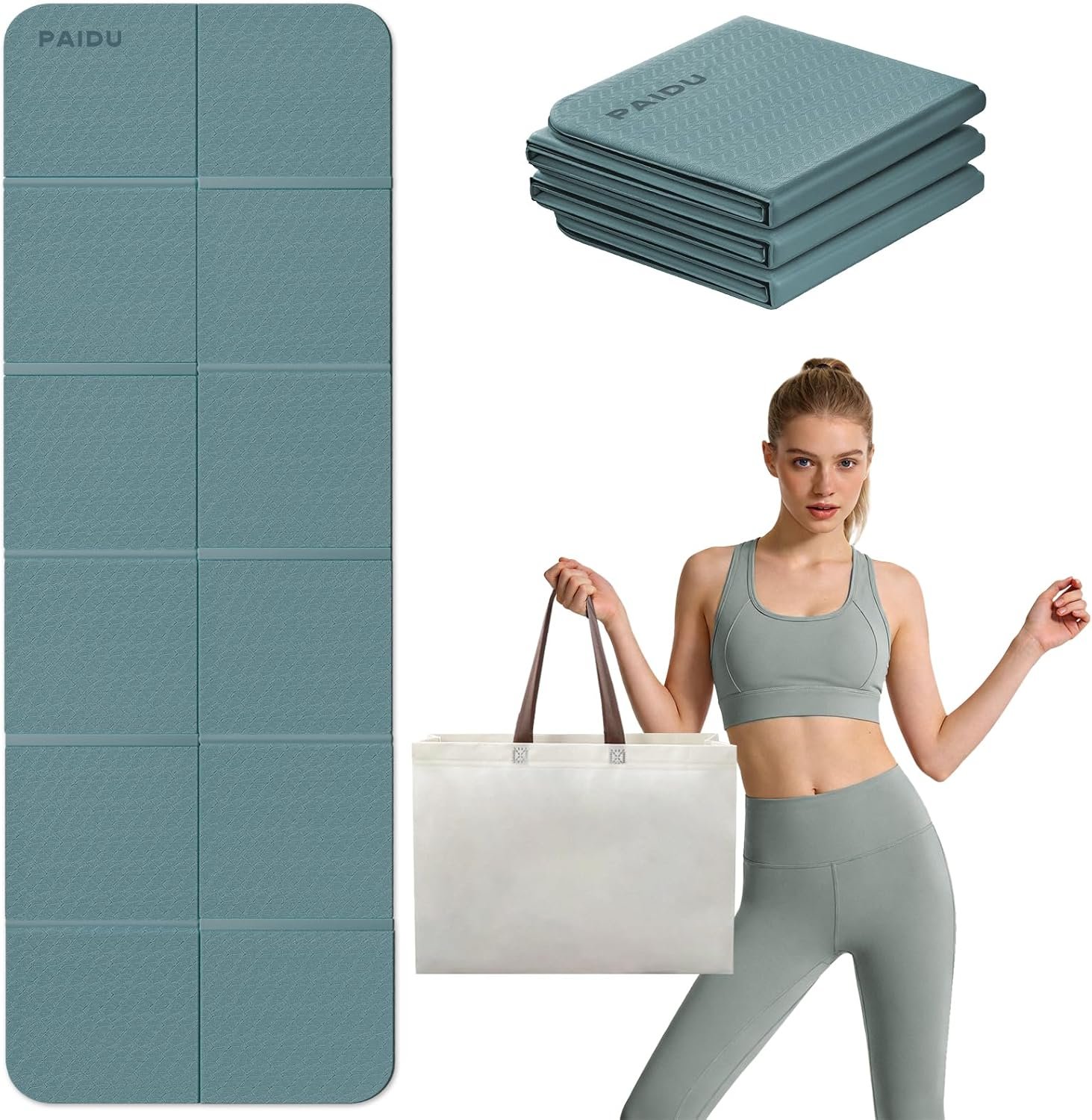 PAIDU Foldable Yoga Mat, 70″x24″x0.31″ TPE Non-Slip Mat with Bag