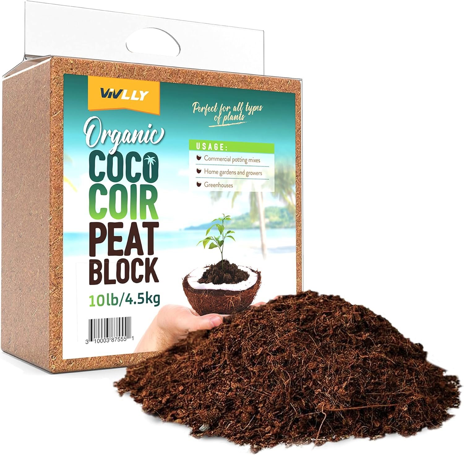 Coco Coir Brick 10 LB – Premium Compressed Coconut Fiber Block for Indoor Plants, Seed Starting & Hydroponics – Low Salt Triple Washed – Expands to 75 Quarts – 100% Natural Peat Alternative