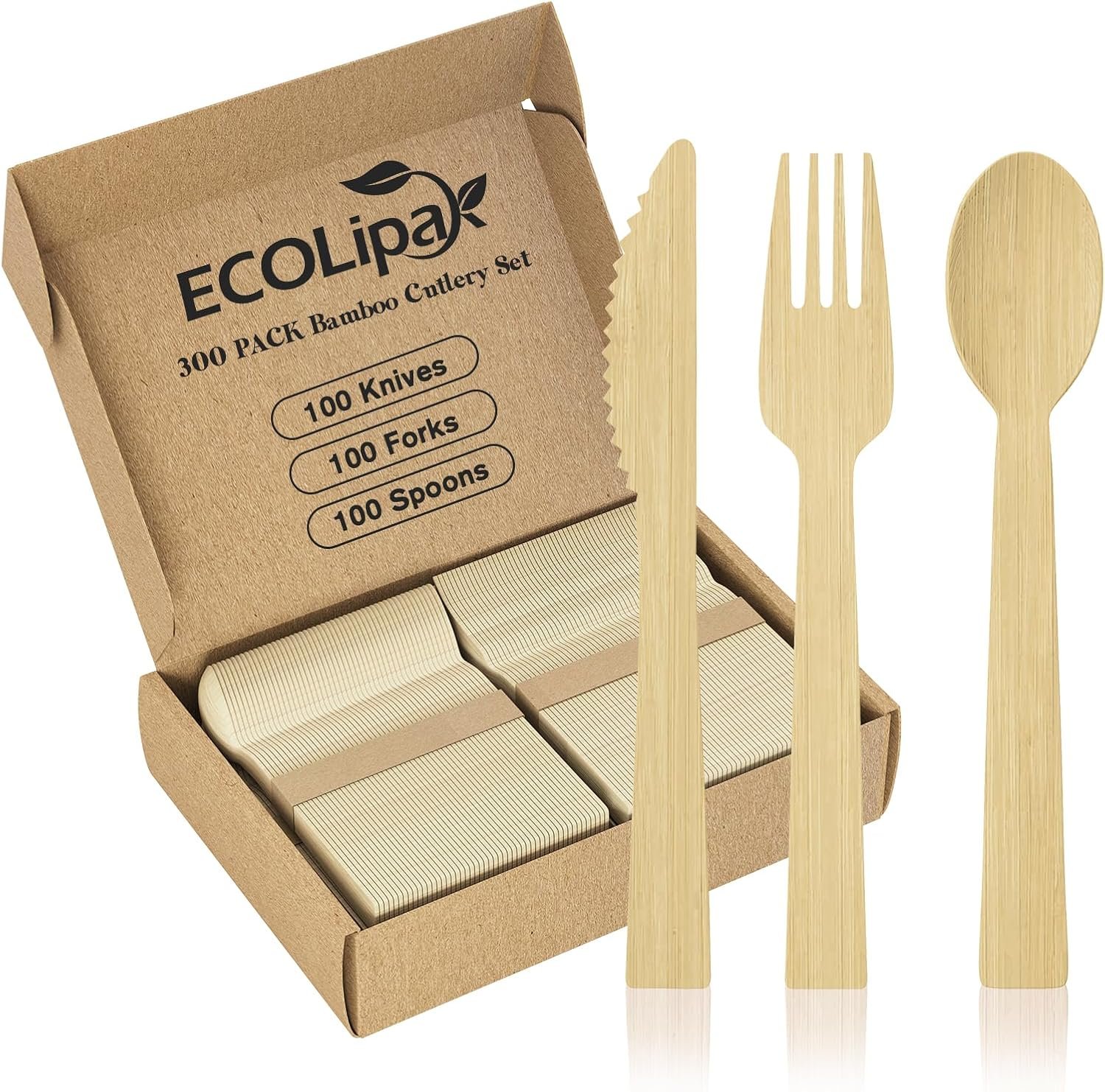 ECOLipak 300 Count Bamboo Cutlery Set, 100 Knives, Forks and Spoons each
