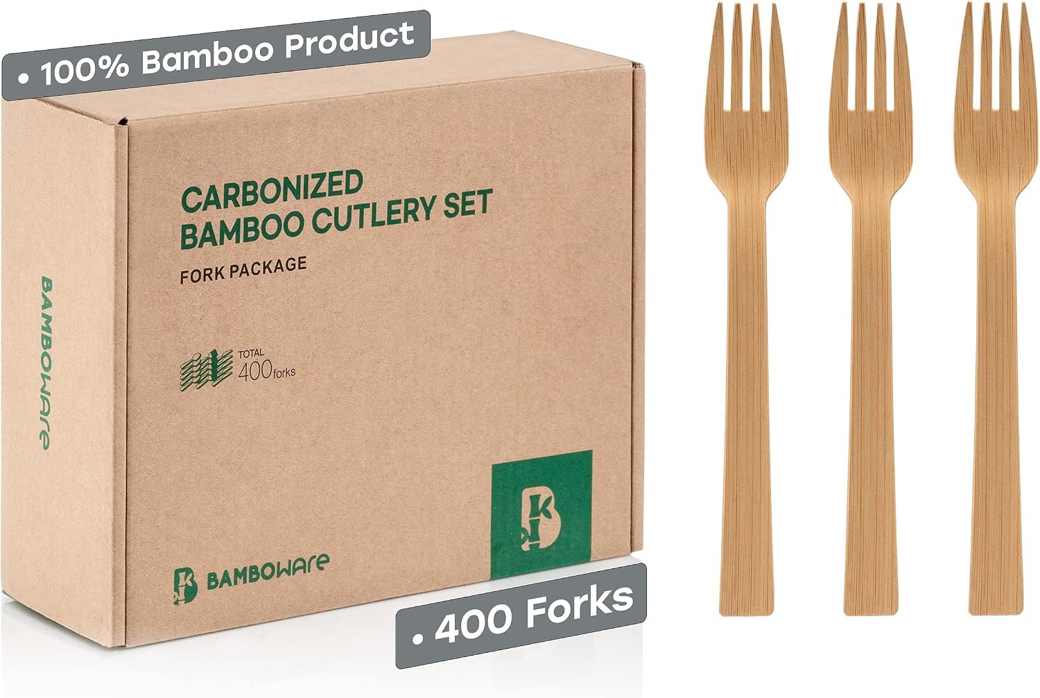 100% Bamboo Utensils – Carbonized Disposable Cutlery Biodegradable and Sanitized – Heavy Duty & Fully Functional (Fork – 400 Pieces)