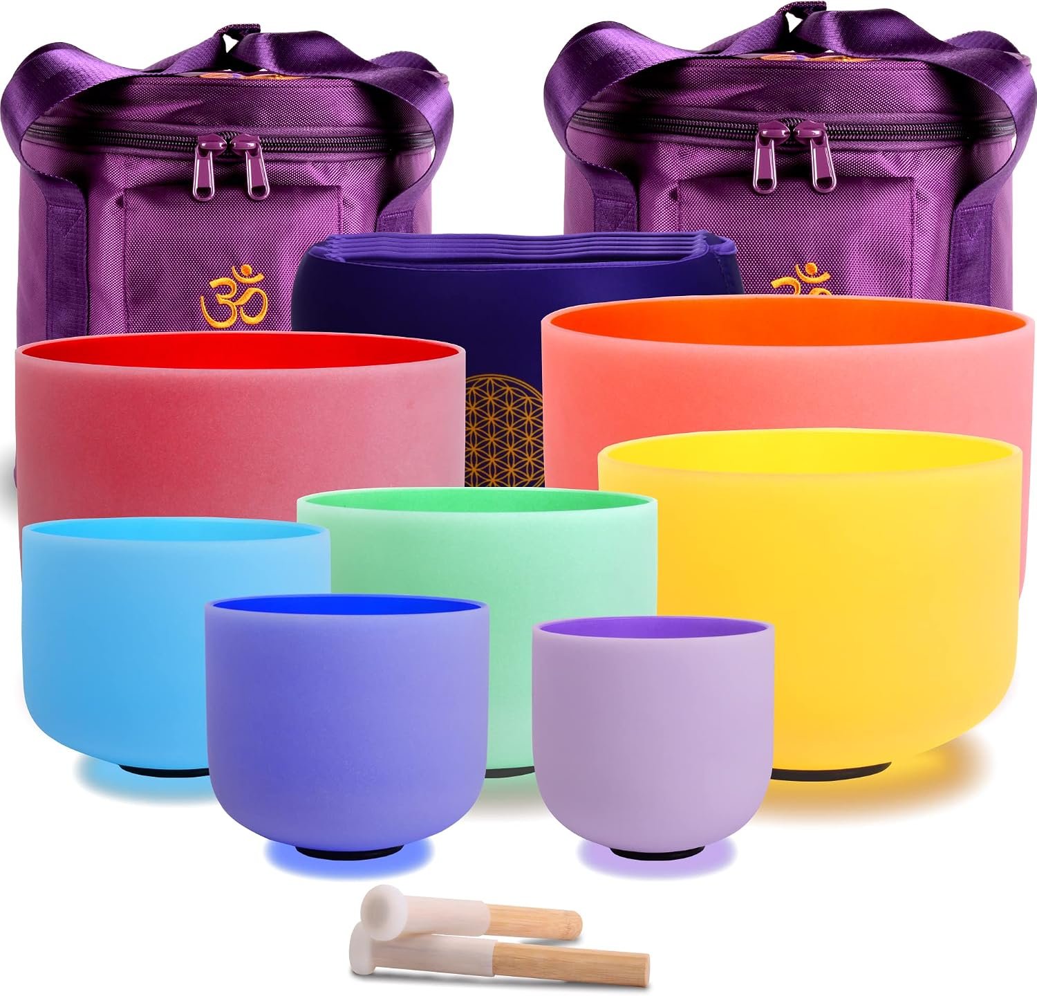 FMTY Perfect Pitch(±10HZ) Color crystal singing bowl set meditaion chakra singing bowl set of 7pcs 6-12inch with Two travel bags and 7 soft bags for sound bath bowl (432HZ Color 6-12inch 7PCS)