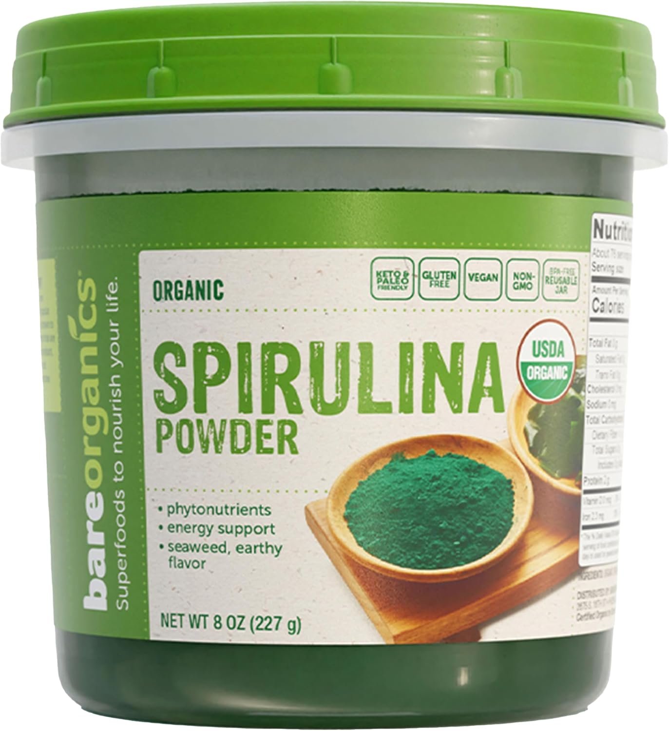 BareOrganics Spirulina Powder – Organic Superfood Powder – Vegan, Non-GMO, Gluten-Free – High Protein, Antioxidant-Rich for Smoothies, Juices, Shakes & Daily Wellness, 8 Oz