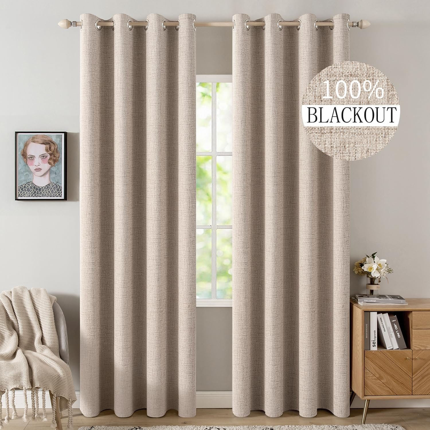 MIULEE 100% Blackout Linen Curtains for Bedroom 52×84 Inches Natural Beige