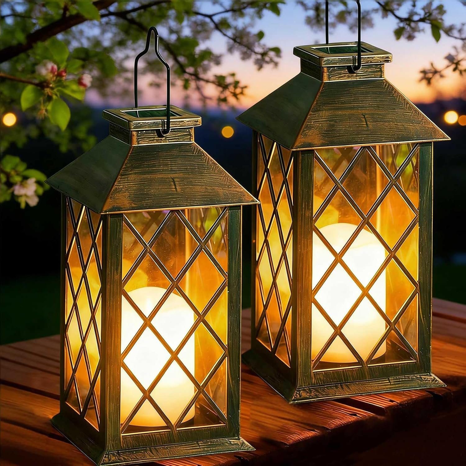 2 Pack 11″ Medium Tempered Glass Solar Lanterns Outdoor Waterproof