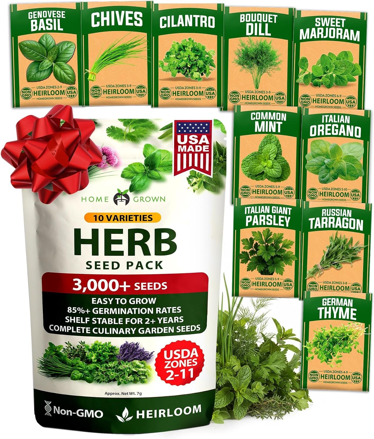 HOME GROWN 10 Herb Seeds for Planting 3,000+ Non-GMO Heirloom Seeds | Extra Large Variety Pack Herb Kit – Indoor Outdoor & Hydroponic | Culinary Seed Set | Grow Your Own Herbs | Gift for Beginners
