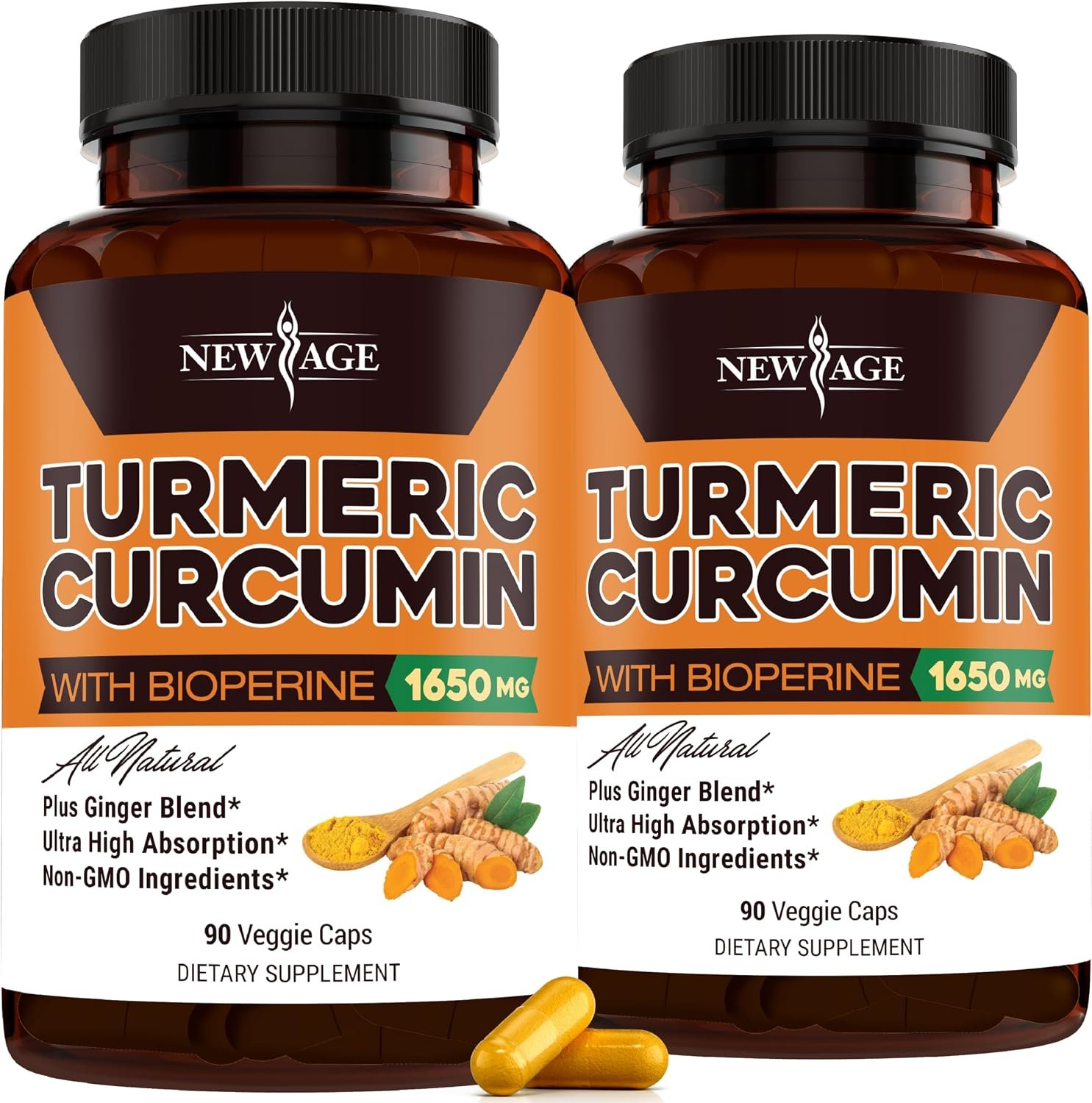 NEW AGE Turmeric Curcumin with Bioperine Capsules – Natural Joint & Healthy Overall Support with 95% Standardized Curcuminoids – Non-GMO, Gluten Free 180 Count (Pack of 2)