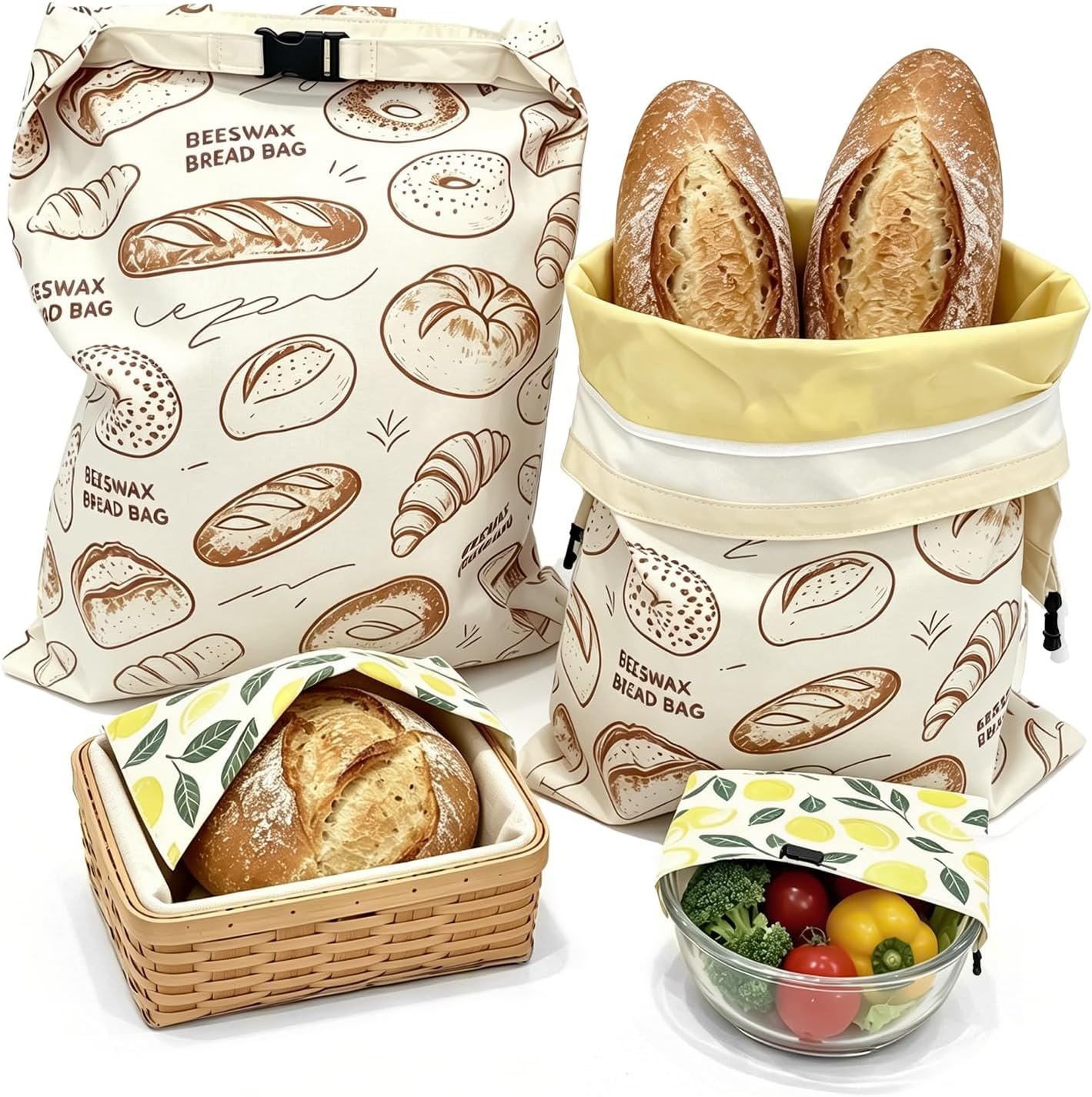 2 Pack Beeswax Bread Bags for Sourdough – 17″x13″ Reusable Homemade Bread Keeper Storage Set with 2 Beeswax Food Wraps, Double Seal Zipper & Snap Buckle, Flippable Cleanable Liner, Freezer Safe