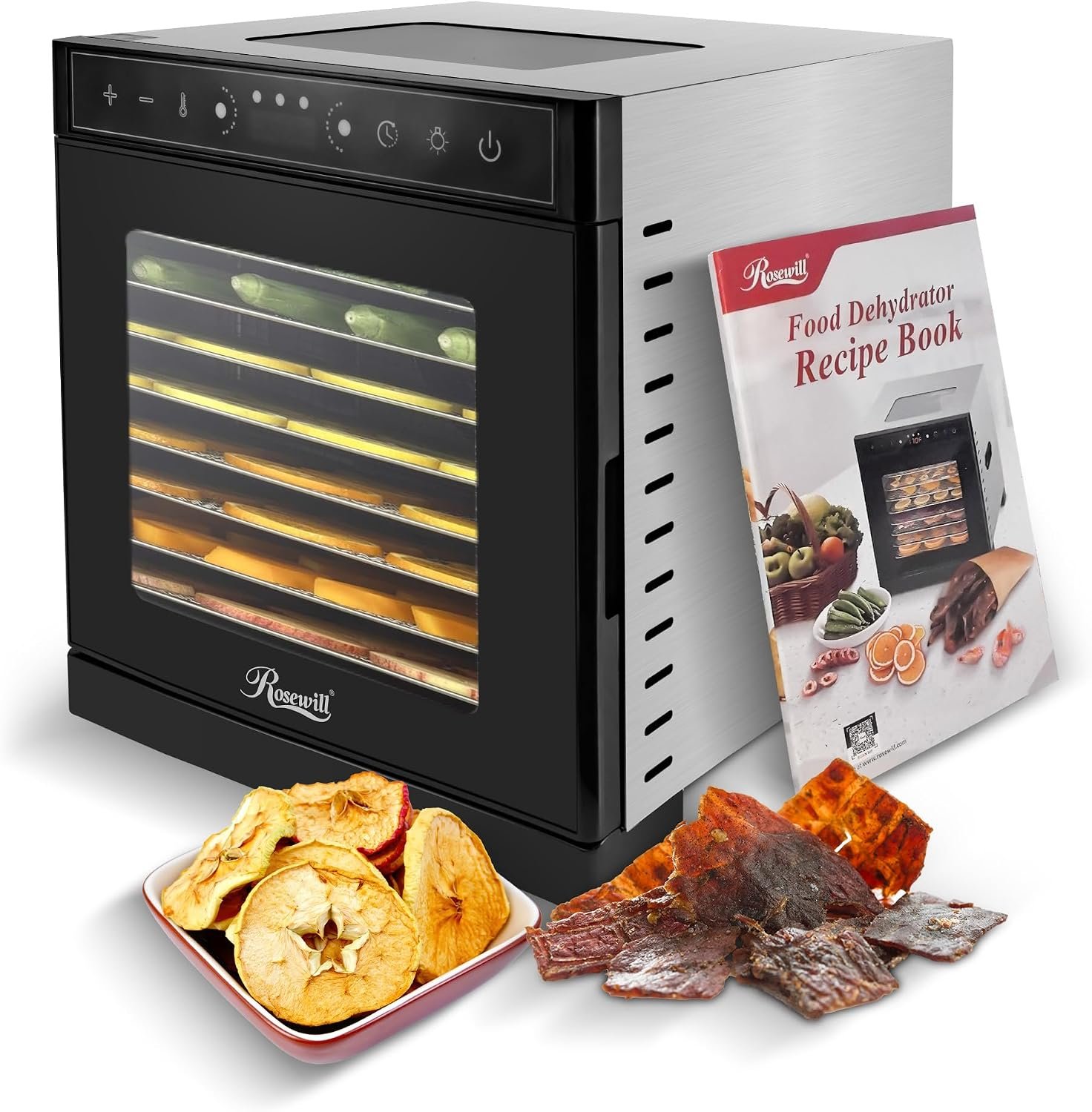 Rosewill Food Dehydrator | Powerful 400W Rear Fan Even-Drying System | 8 Full-Size Stainless Steel Trays | 95°-195° Temperature Control, 48H Timer, Keep Warm + Auto Shutoff | Jerky, Herbs, Meat