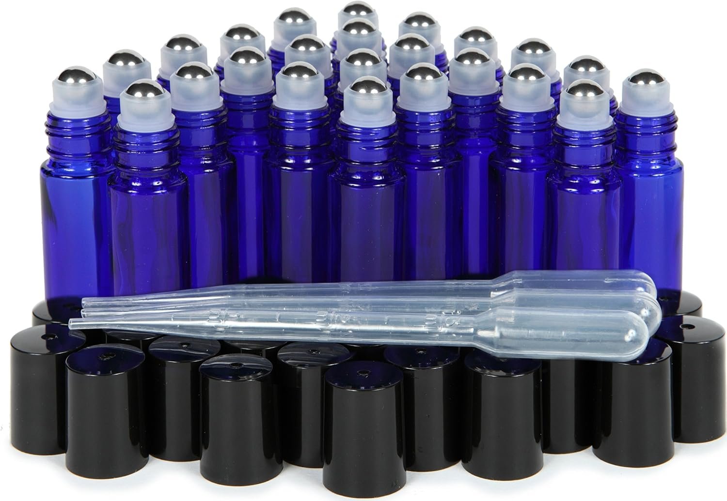 Vivaplex Cobalt Blue 10ml Glass Bottles with Stainless Steel Rollers – 24pk