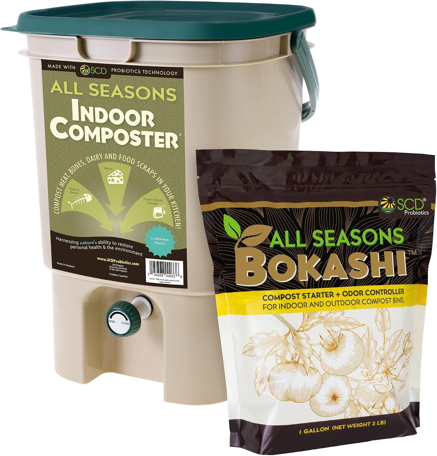 All Seasons Indoor Composter Kit – 5 Gal Bin, 2 lb Bokashi Compost Starter