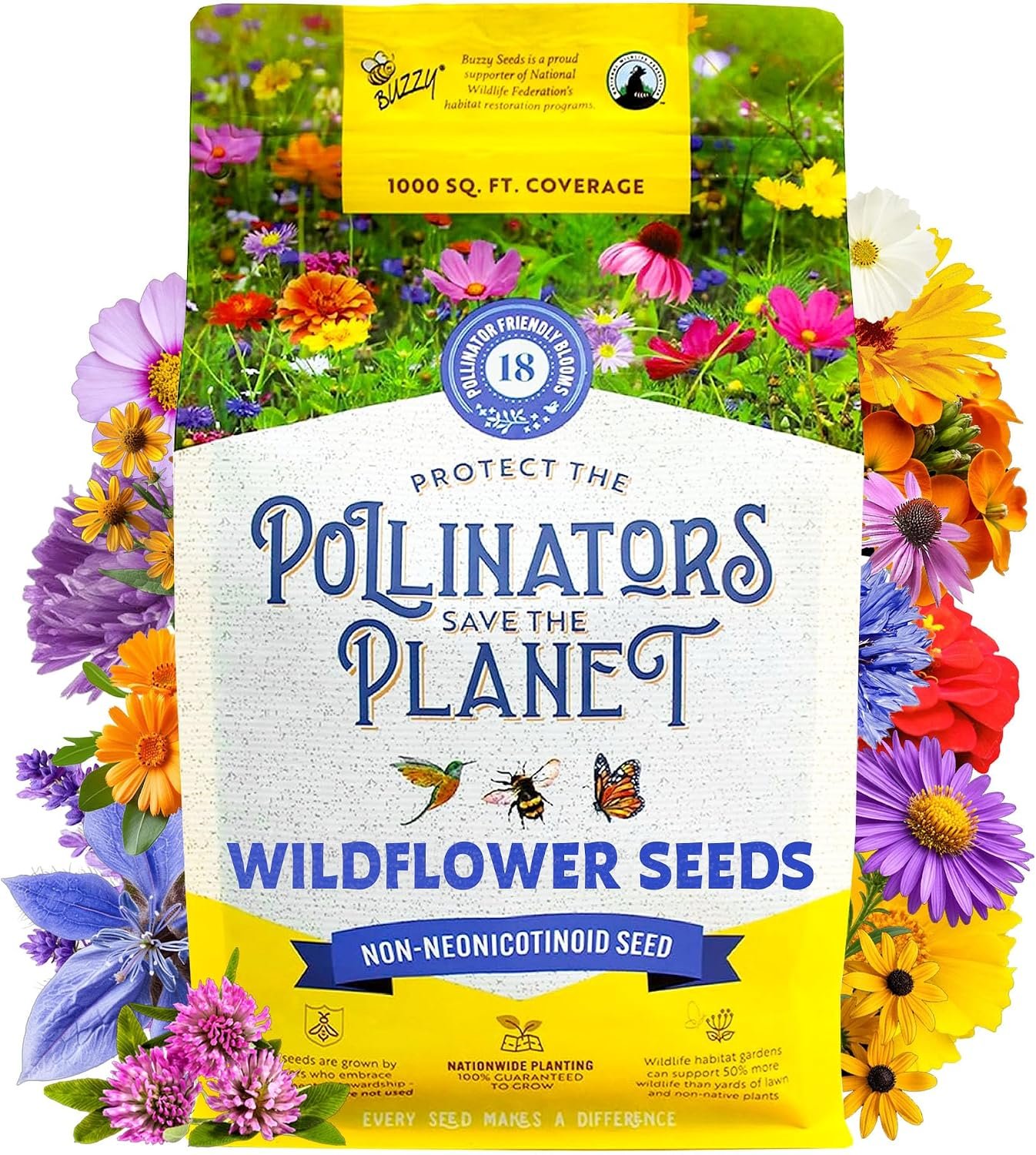 Buzzy Seeds Wildflower Pollinator Seed Mix, 1 Lb Bag, 18 Varieties