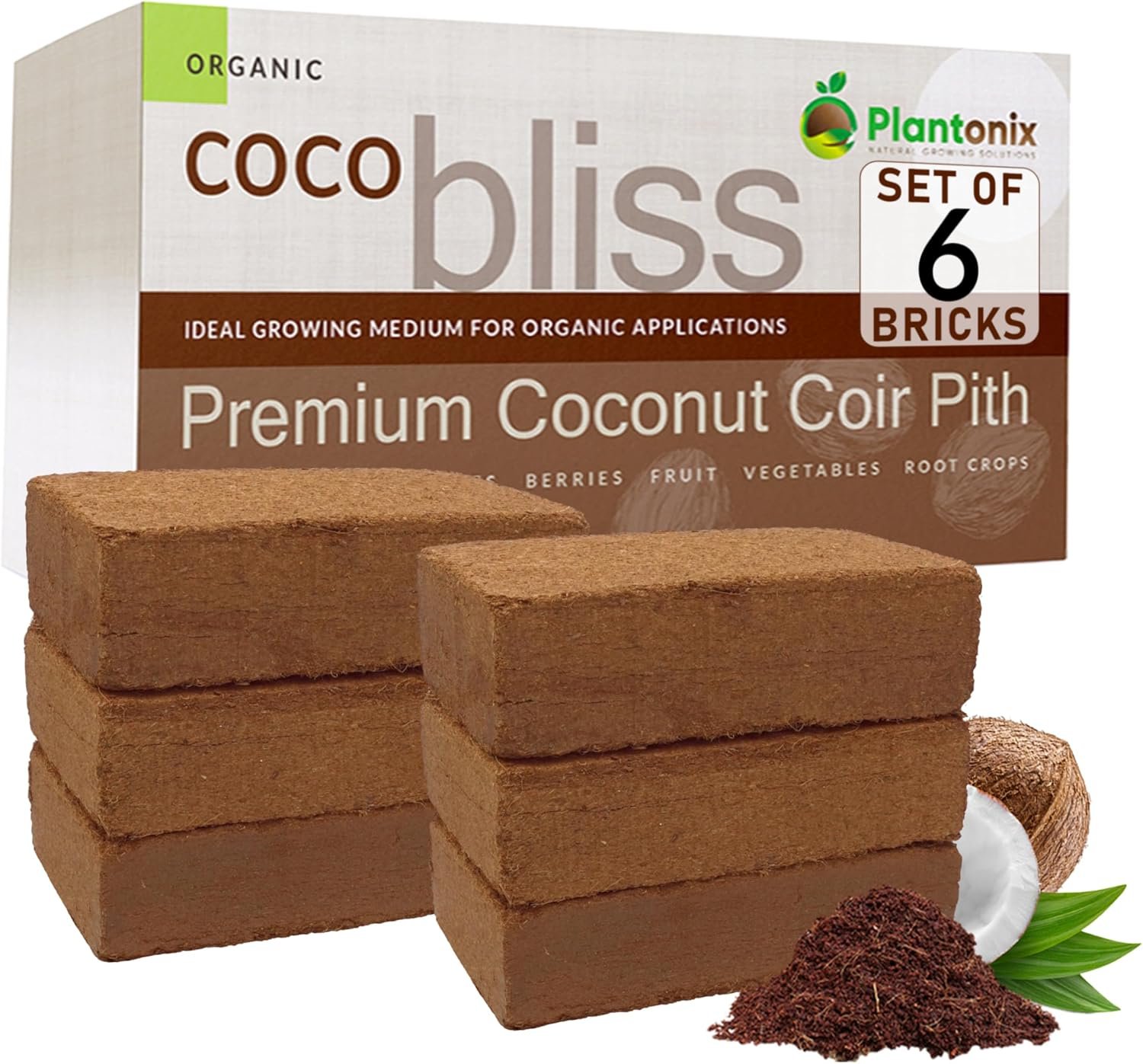 Coco Coir 650gm Bricks (6-Pack) – Organic Coco Coir for Plants & Gardening – OMRI-Listed Cocopeat for Garden Soil, Seed Starter Soil, & Mulch – Coconut Coir Bricks – Coconut Fiber Potting Mix