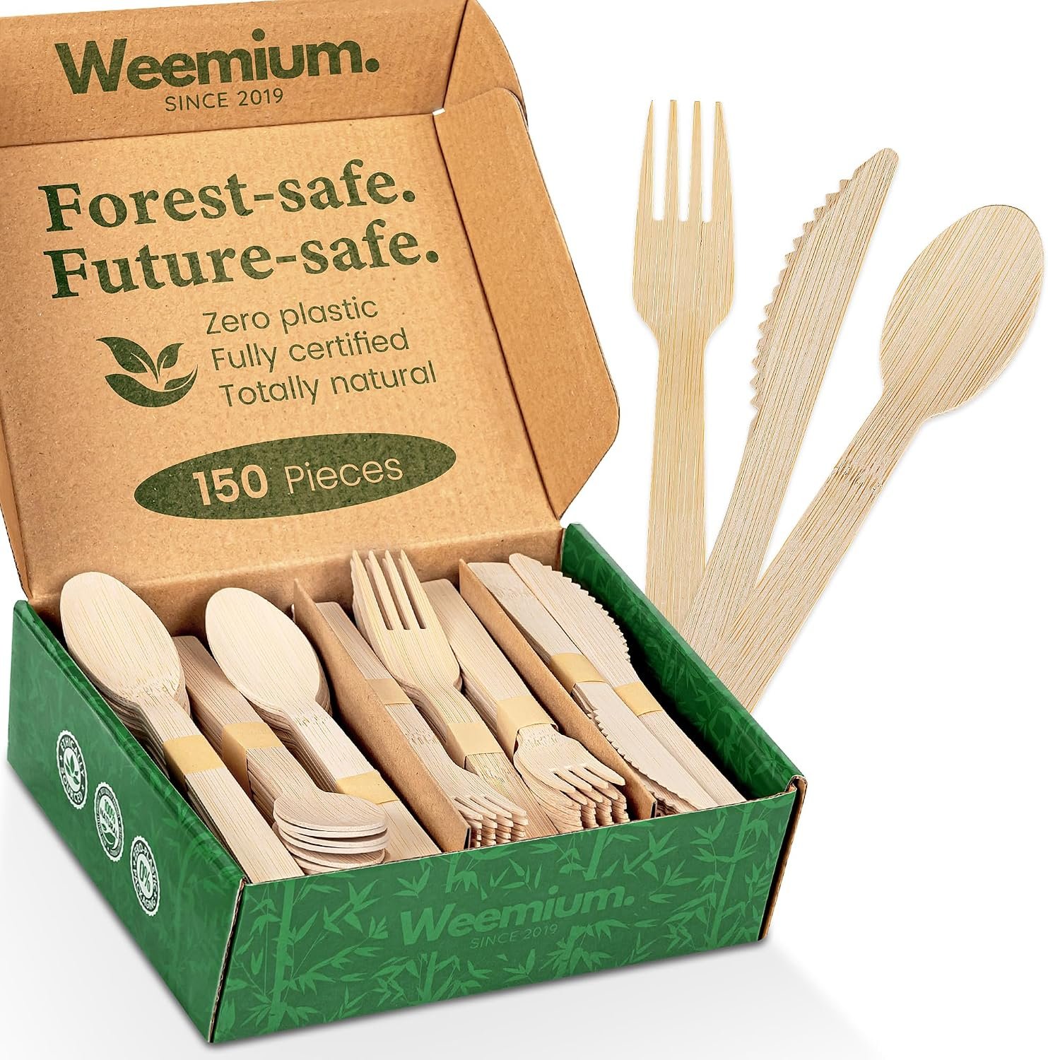 Weemium Bamboo Cutlery Disposable Set, [150 Pack] Heavy-Duty Bamboo Utensils Disposable Silverware, FSC Certified 100% Biodegradable and Compostable Utensils, 60 Forks, 60 Spoons, 30 Knives