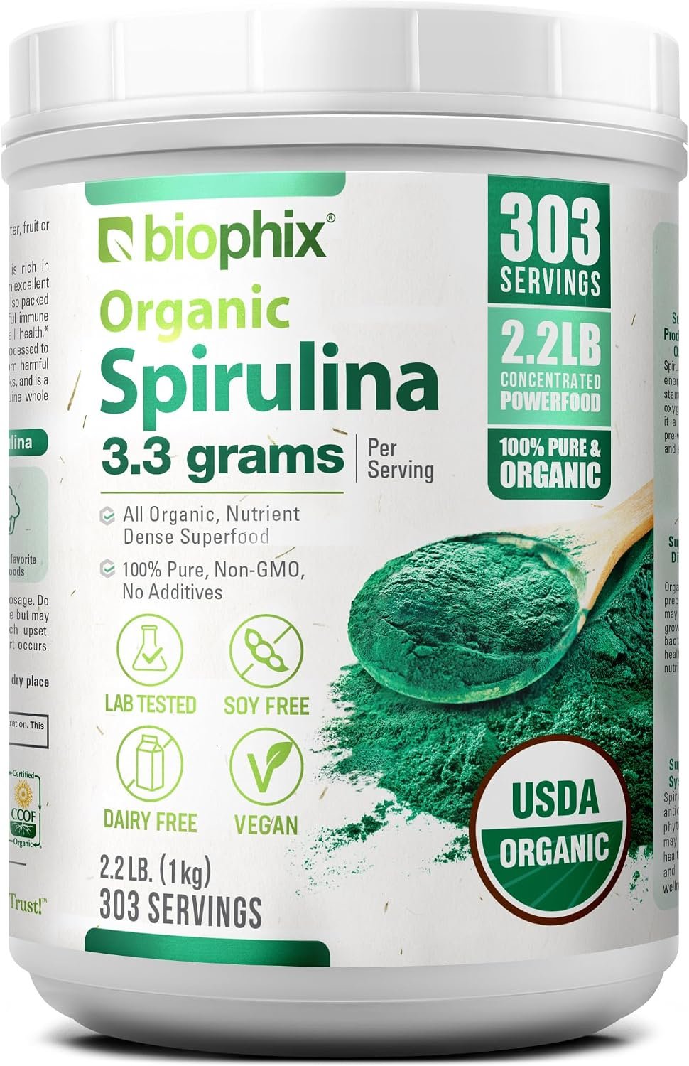 biophix Organic Spirulina Powder, 2.2 Lbs 100% Pure Spirulina Blue Green Algae Powder, Vegan, Non GMO, Non-Irradiated, USDA Certified, Best Protein Superfood