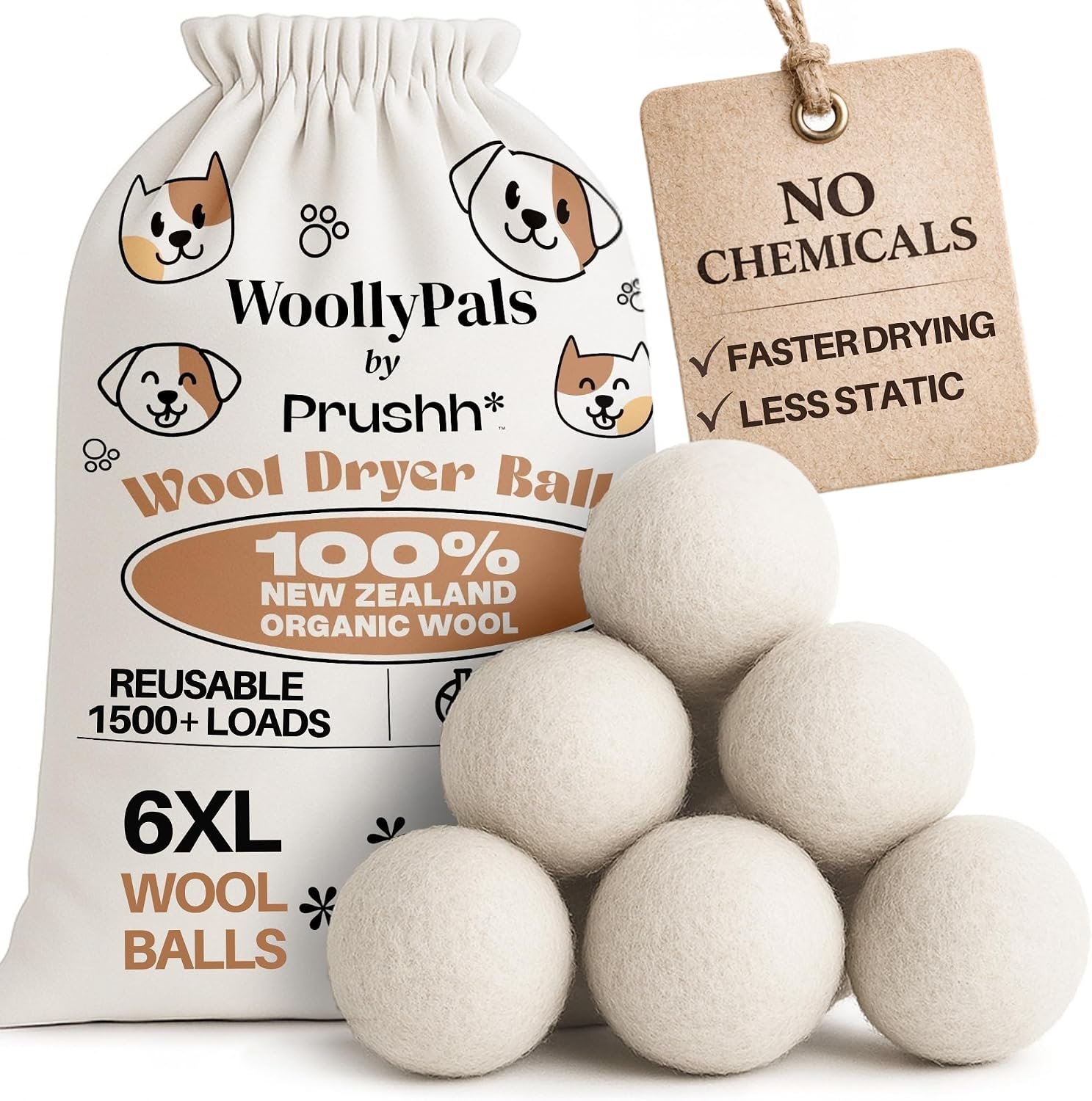 WoollyPals Dryer Balls (6-Pack, XL Size) – 100% New Zealand Wool – No More Dryer Sheets – Eco Dryer Balls – Reusable – Softens Laundry – Reduces Drying Time & Static – with Storage Bag (Plain White)