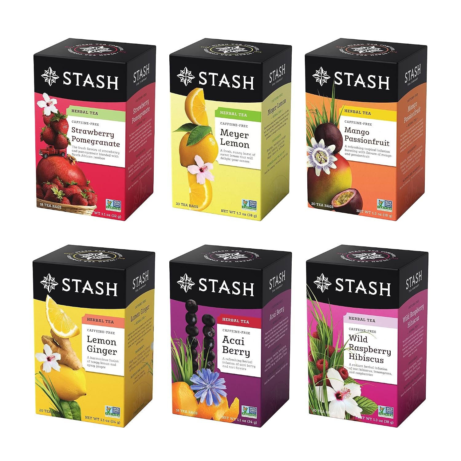 Stash Tea Fruity Herbal Tea 6 Flavor Tea Sampler, 6 boxes With 18-20 Tea Bags Each