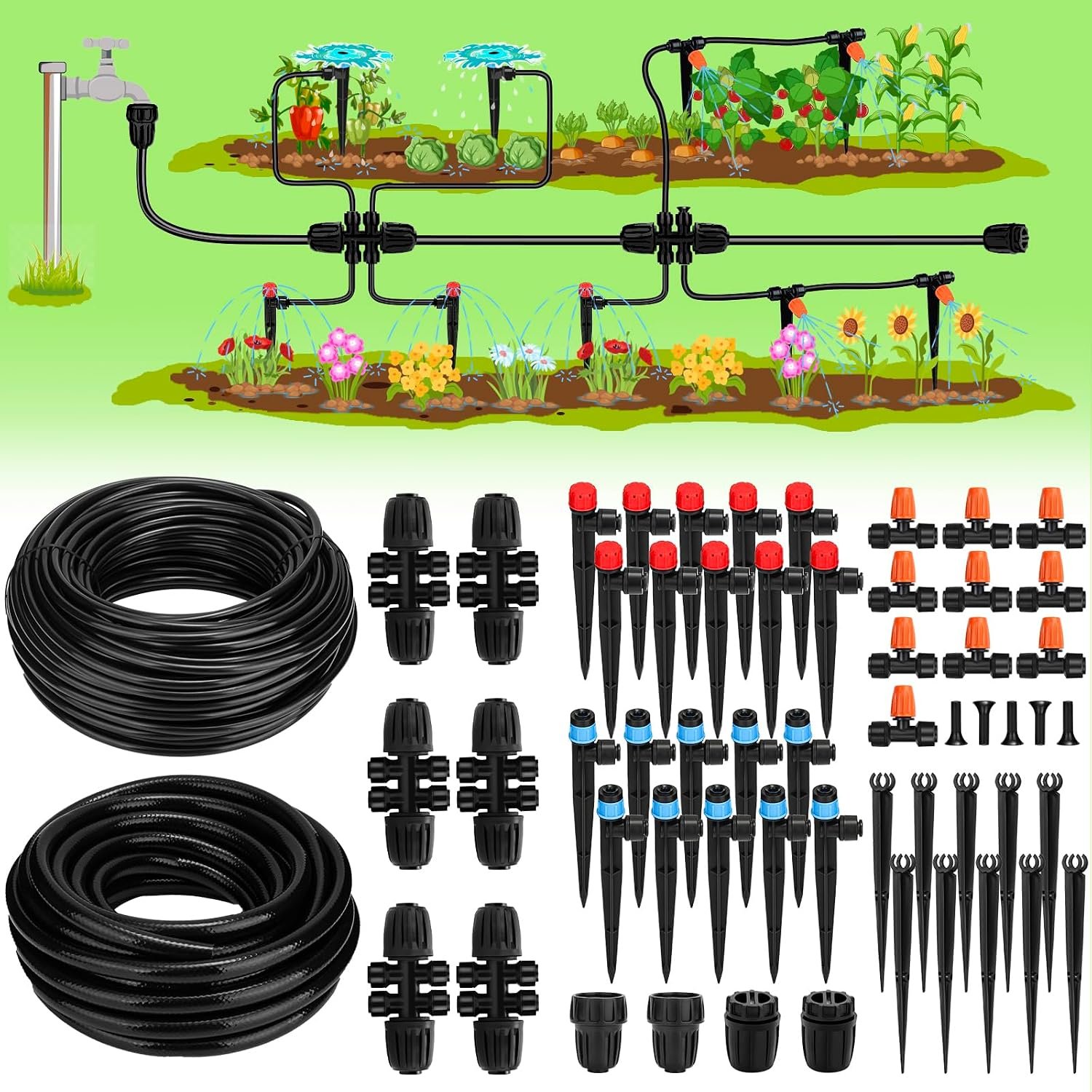 Drip Irrigation System, 40FT 1/2″ Mainline & 100FT 1/4″ Tubing, with Adjustable Drip Emitters Misting Sprinkler, Efficient Sprinkler System Kit for Flower Bed, Raised Bed, Greenhouse, Lawn