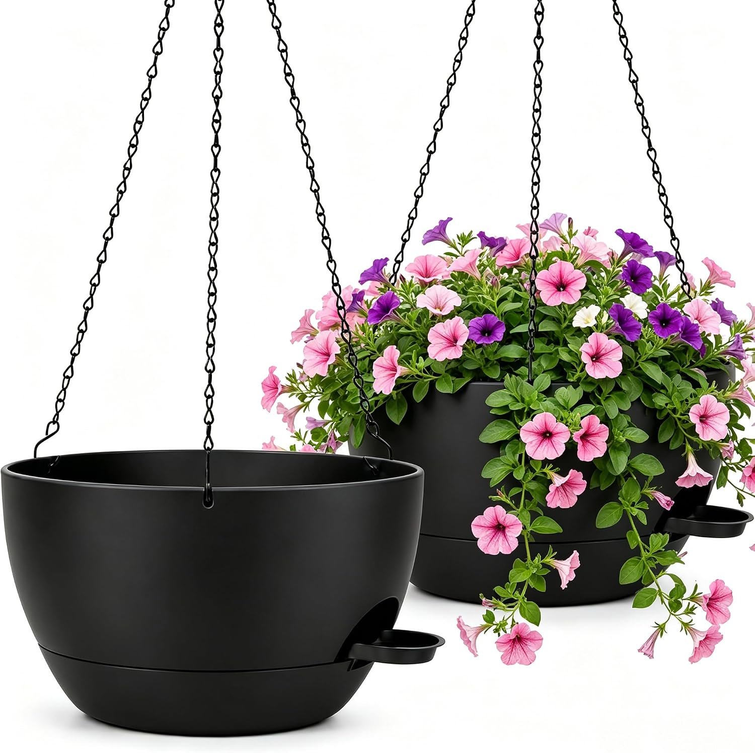 12″ Self Watering Hanging Planters with Chains, Black, 2 Pack