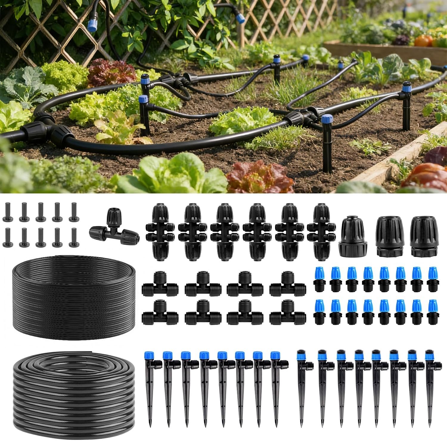 Garden Drip Irrigation System – 230FT Quick-Connect Automatic Watering Misting System Kit with 1/2″ & 1/4″ Tubing, Adjustable Spray Nozzles & Sprinklers for Lawn, Plant Bed, Greenhouse, DIY Irrigation