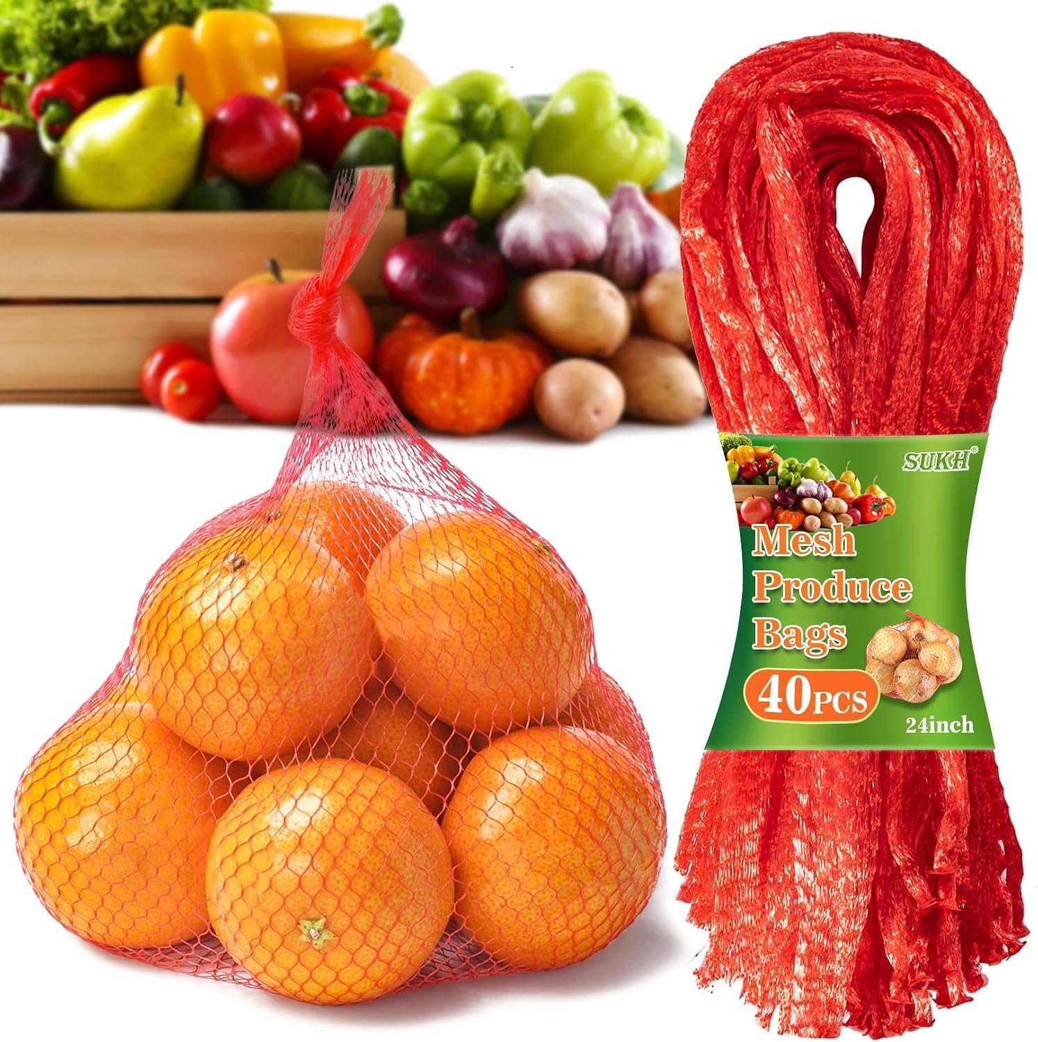Sukh 90PCS Mesh Produce Bags – 24Inch Vegetable Storage Net Bags Red