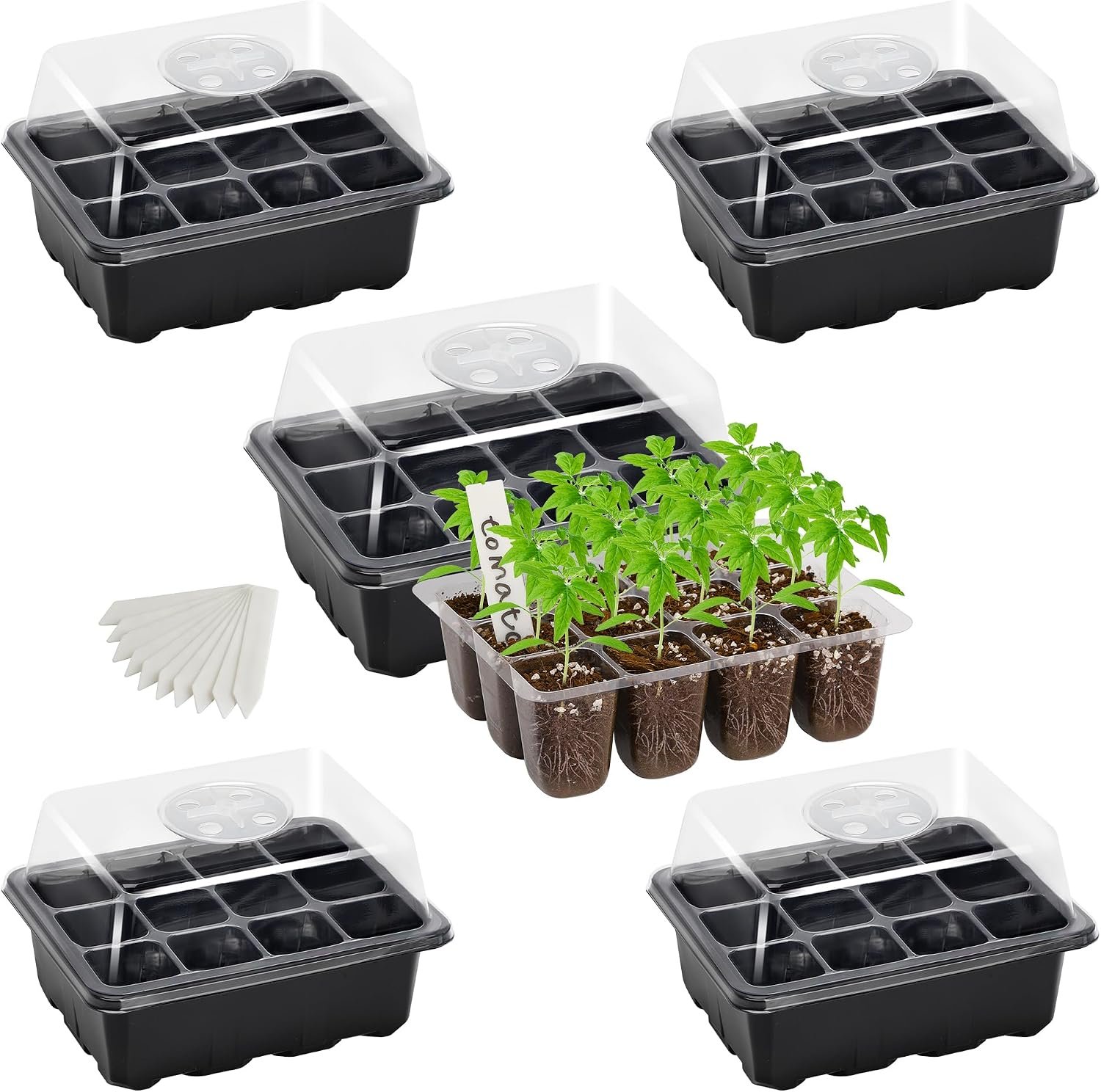 Bonviee 5-Pack Seed Starter Trays, Humidity Dome, Base, 12-Cell Tray, Black