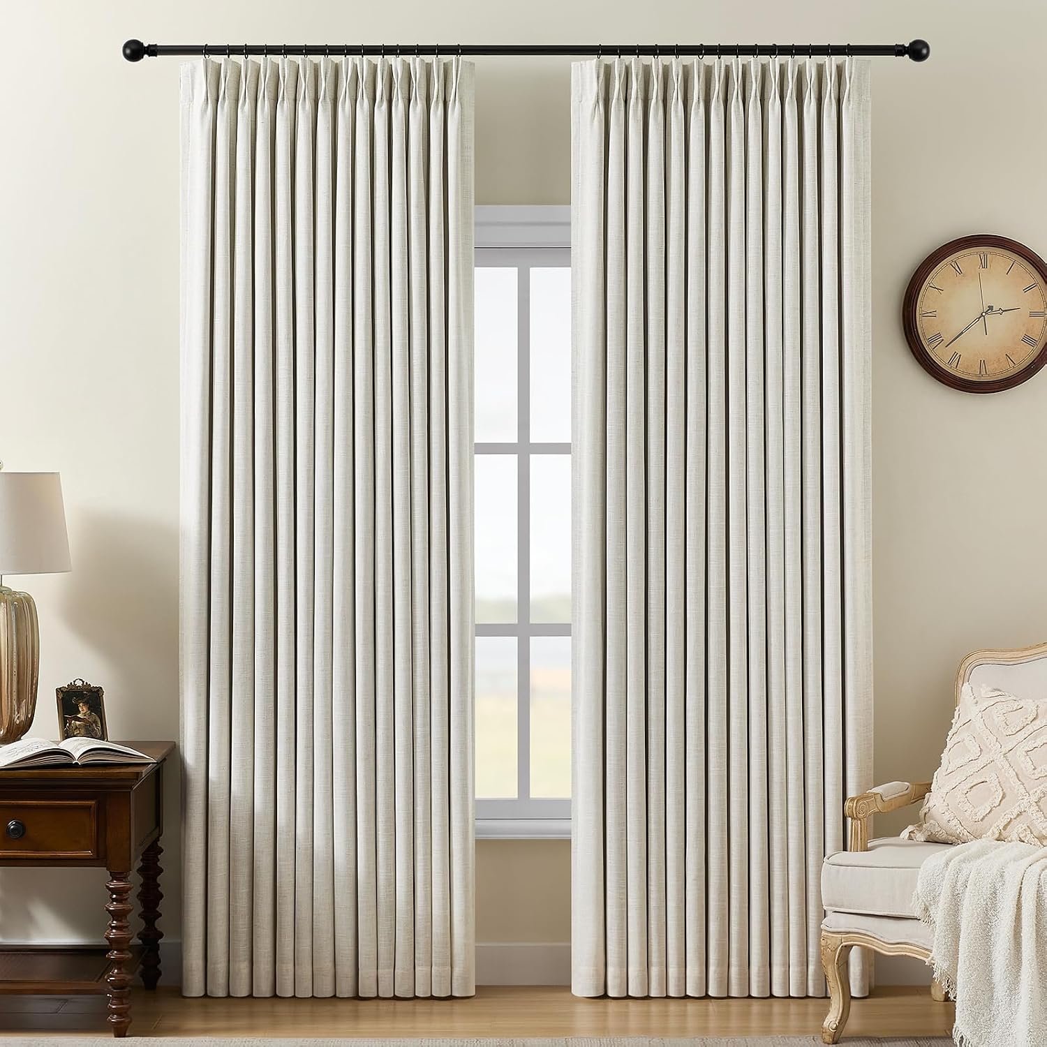 Pinch Pleated Linen Curtains 100% Blackout 95 Inches Long for Bedroom