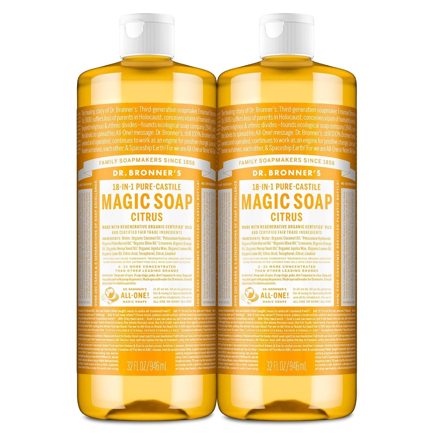 Dr. Bronner’s Citrus Pure-Castile Liquid Soap, Hand Soap, 32 oz 2-Pack