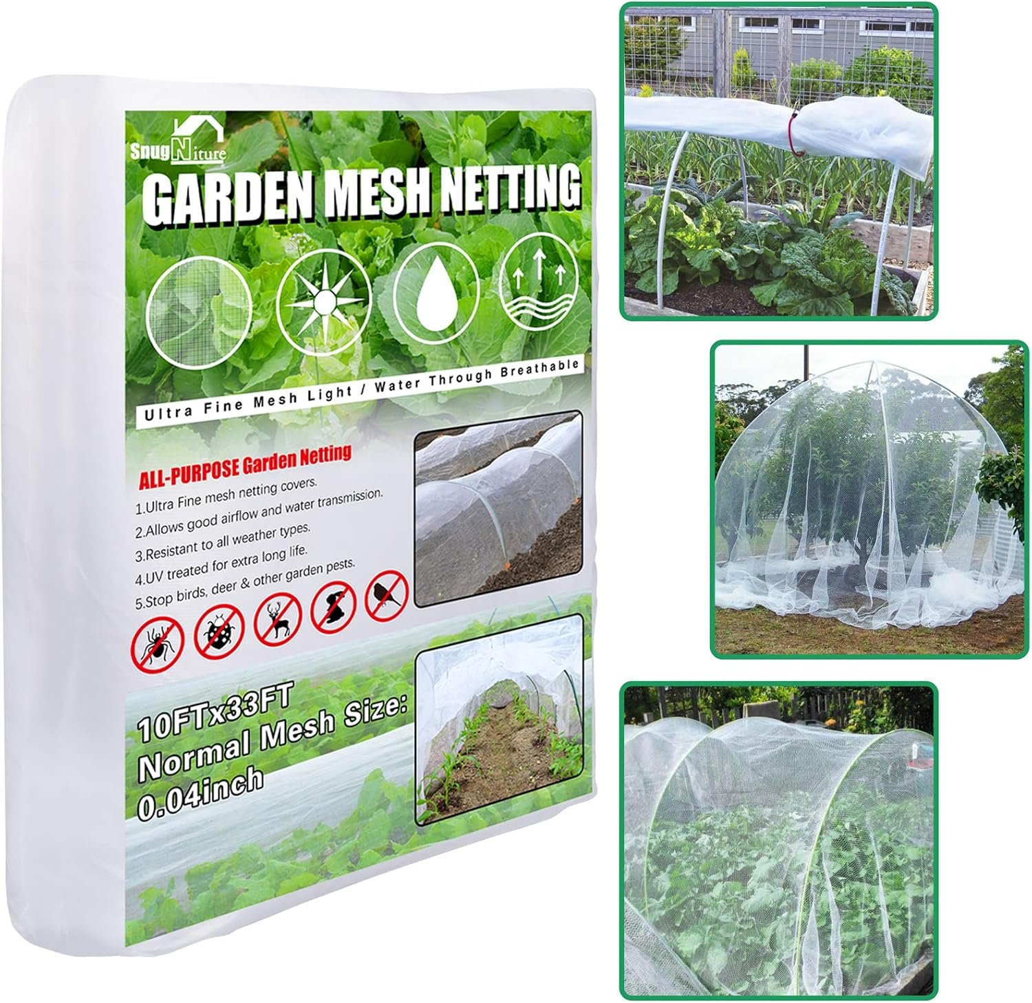 SnugNiture Garden Netting 10x33FT Ultra Fine Mesh Mosquito Net Plant Covers, White Bird Netting Barrier Greenhouse Row Cover Protect Fruits Flower Vegetables from Birds Deer & Squirrels