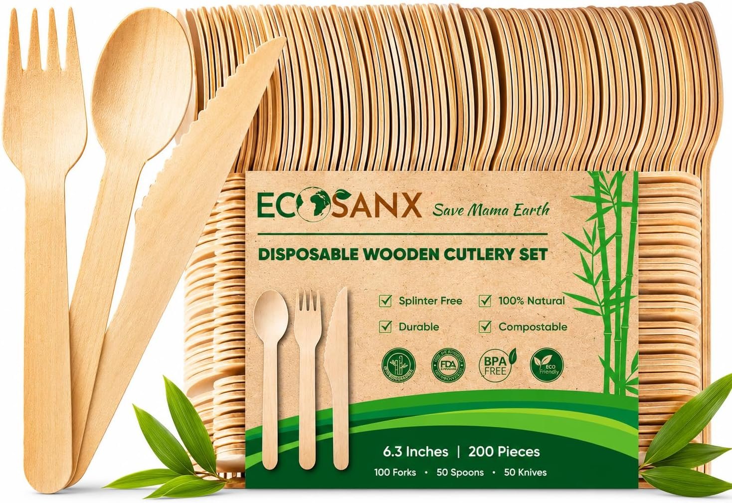 ECOSANX® 200 PCs Disposable Wooden Cutlery set 6.3″ Splinter Free Compostable Utensils for party, Eco-Friendly, 100% All-Natural Bamboo Utensils set for picnic, Bamboo cutlery set for Events & More