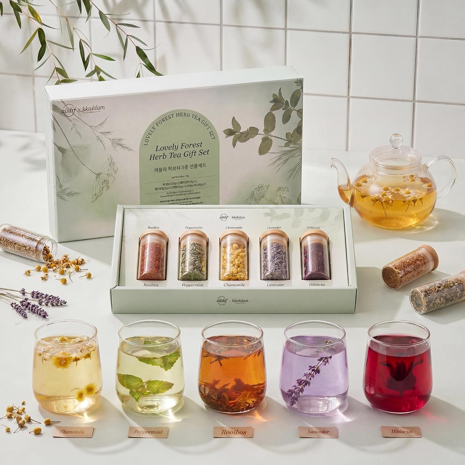 KKOKDAM Lovely Forest Herb Tea Gift Set – 5 Caffeine-Free Loose Leaf Teas in Glass Jars (Rooibos, Peppermint, Chamomile, Lavender, Hibiscus) – Korean Tea Gift Box 0.88oz
