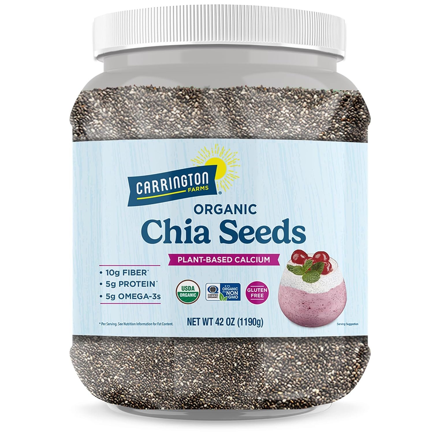 Carrington Farms Organic Whole Chia Seeds 42 oz – USDA Organic, Non-GMO Black Chia Seeds | Plant-Based Omega-3 & Fiber | Vegan Egg Substitute for Baking | Smoothies, Chia Pudding & Overnight Oats
