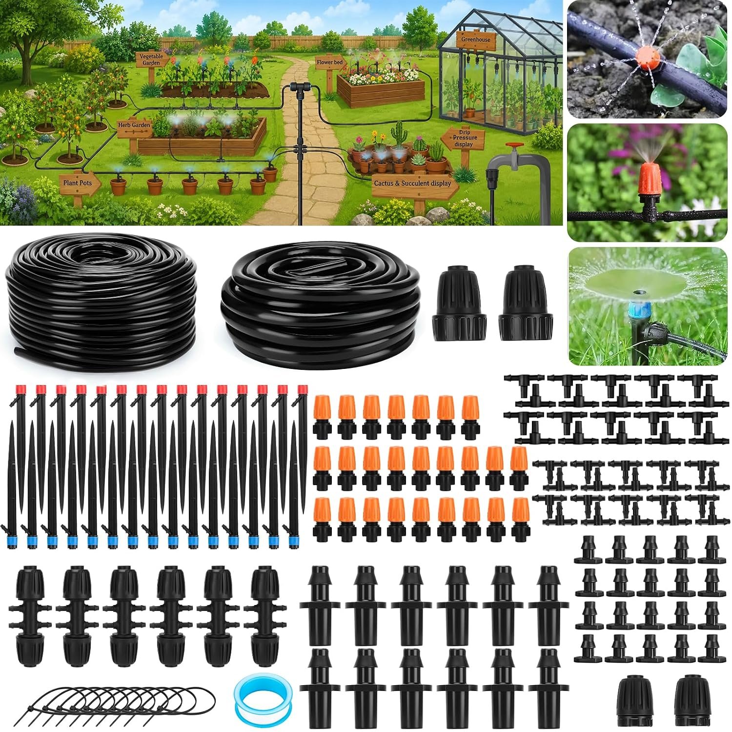240FT Drip Irrigation System with 1/2” 1/4” Tubing Hose