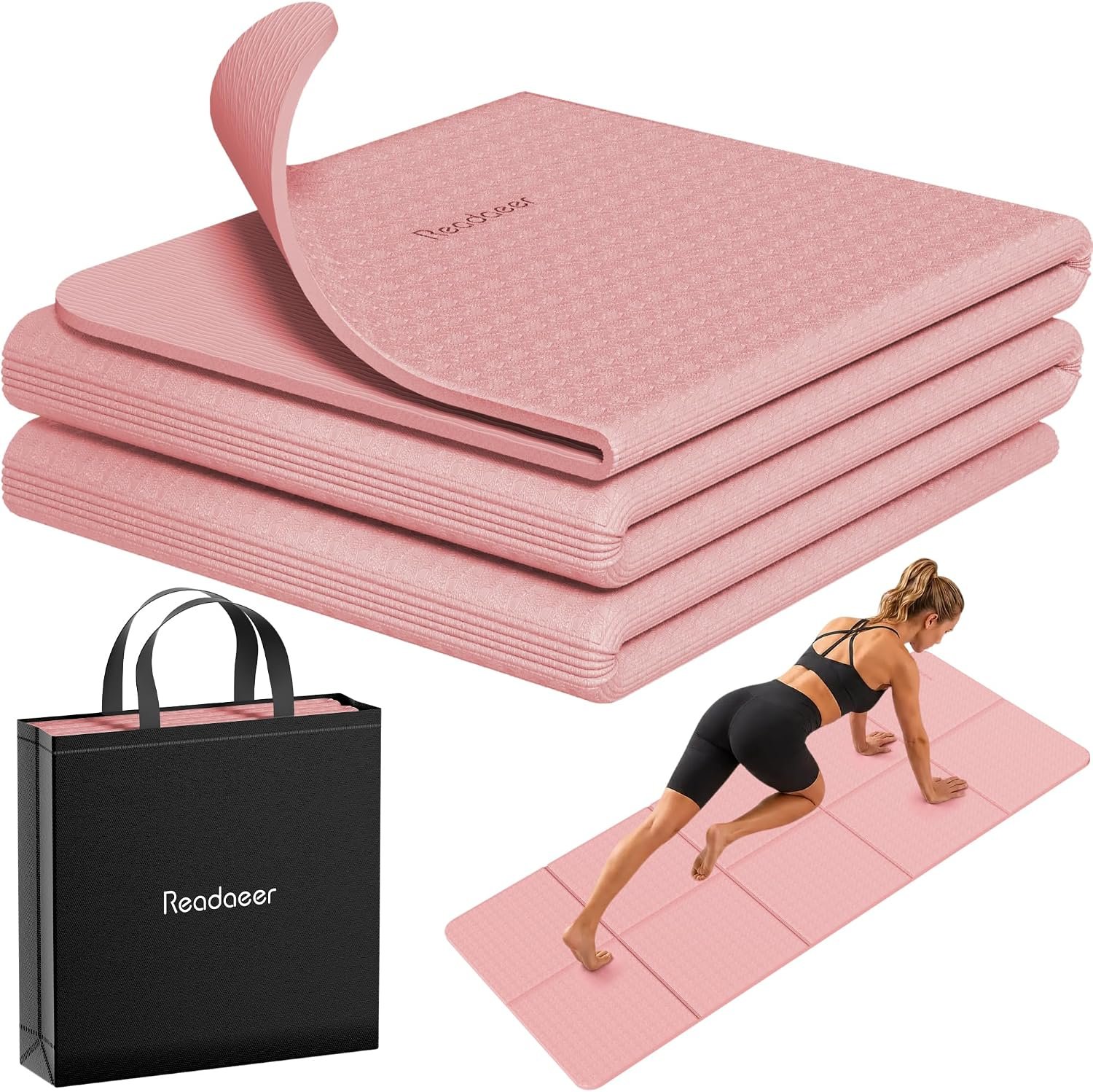 Readaeer Foldable Yoga Mat for Travel Folding Yoga Mat 6mm Thick with Carrying Bag, Non-Slip TPE Exercise Pilates Mat for 72″ L x 24″ W x 0.24 Inch