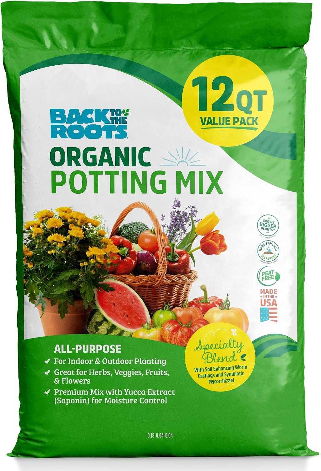 Back to the Roots All-Purpose Potting Mix 6 Quarts (Best Value), 100% Organic & USA Made for Herbs, Veggies, Flowers, w/Nutrient Rich Plant Food, Worm-Castings, & Moisture Controlling Yucca, 2 Packs